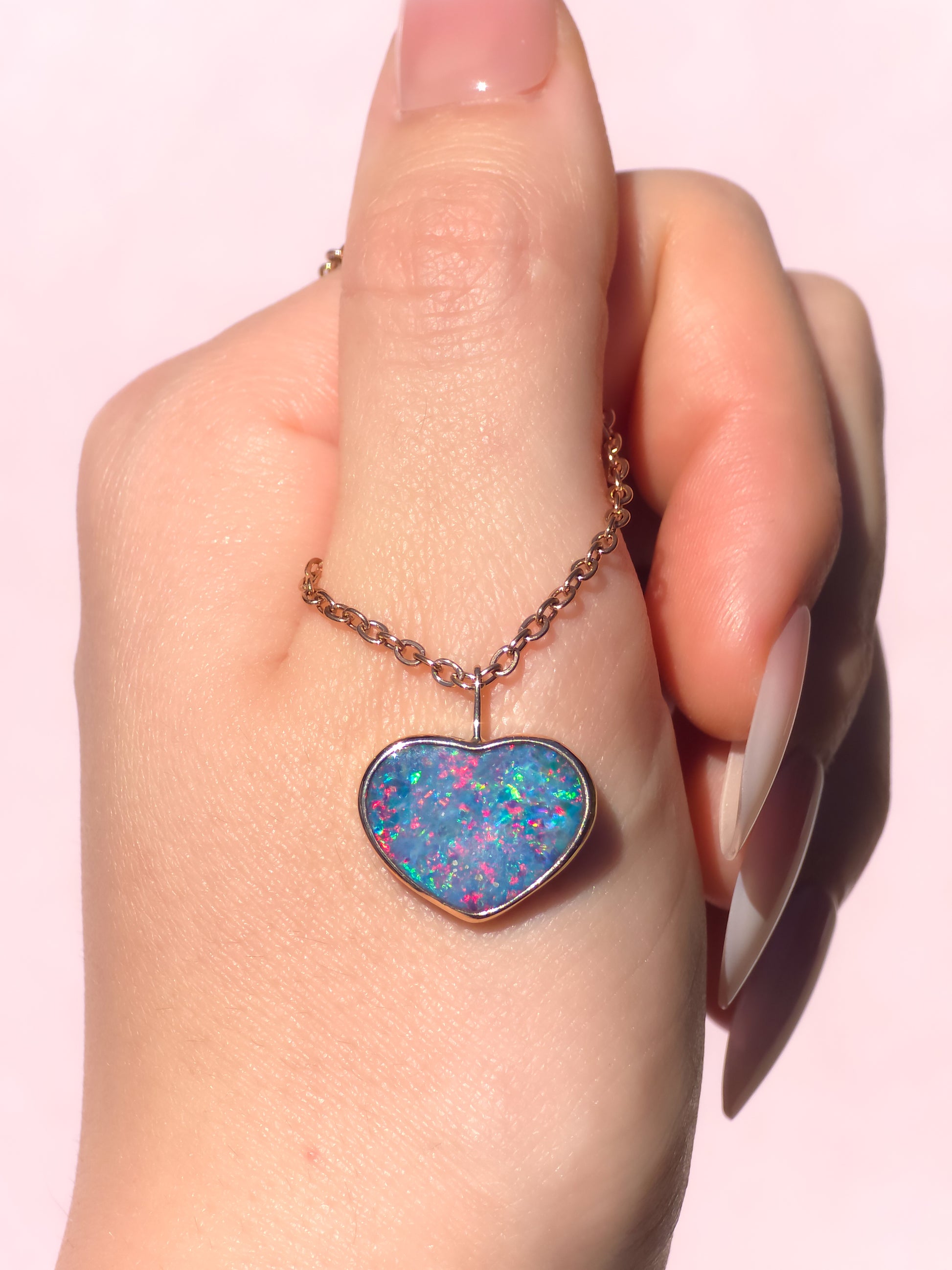 ROSE HEART | 14K Gold Coober Pedy opal doublet necklace/ heart opal pendant / pink heart