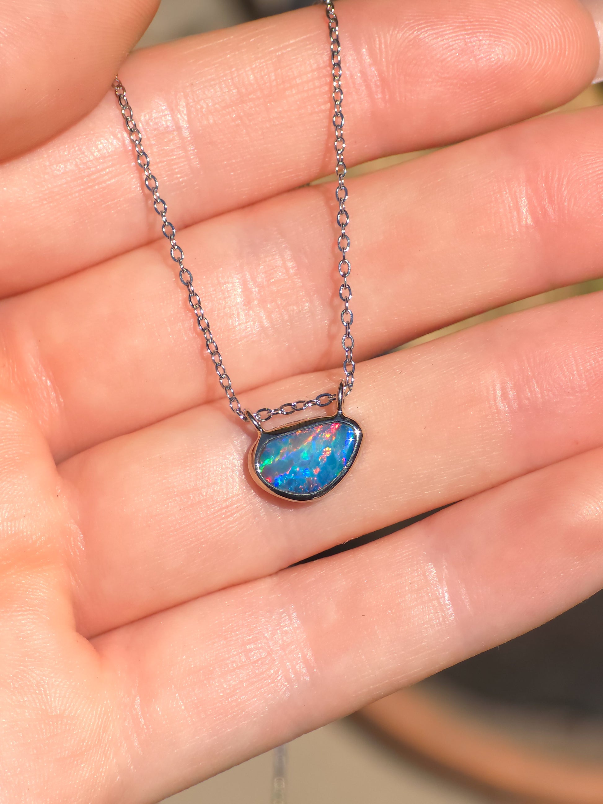 LOTUS | 14K White Gold Coober Pedy Opal Necklace / Dainty Jewelry / Charm Pendant