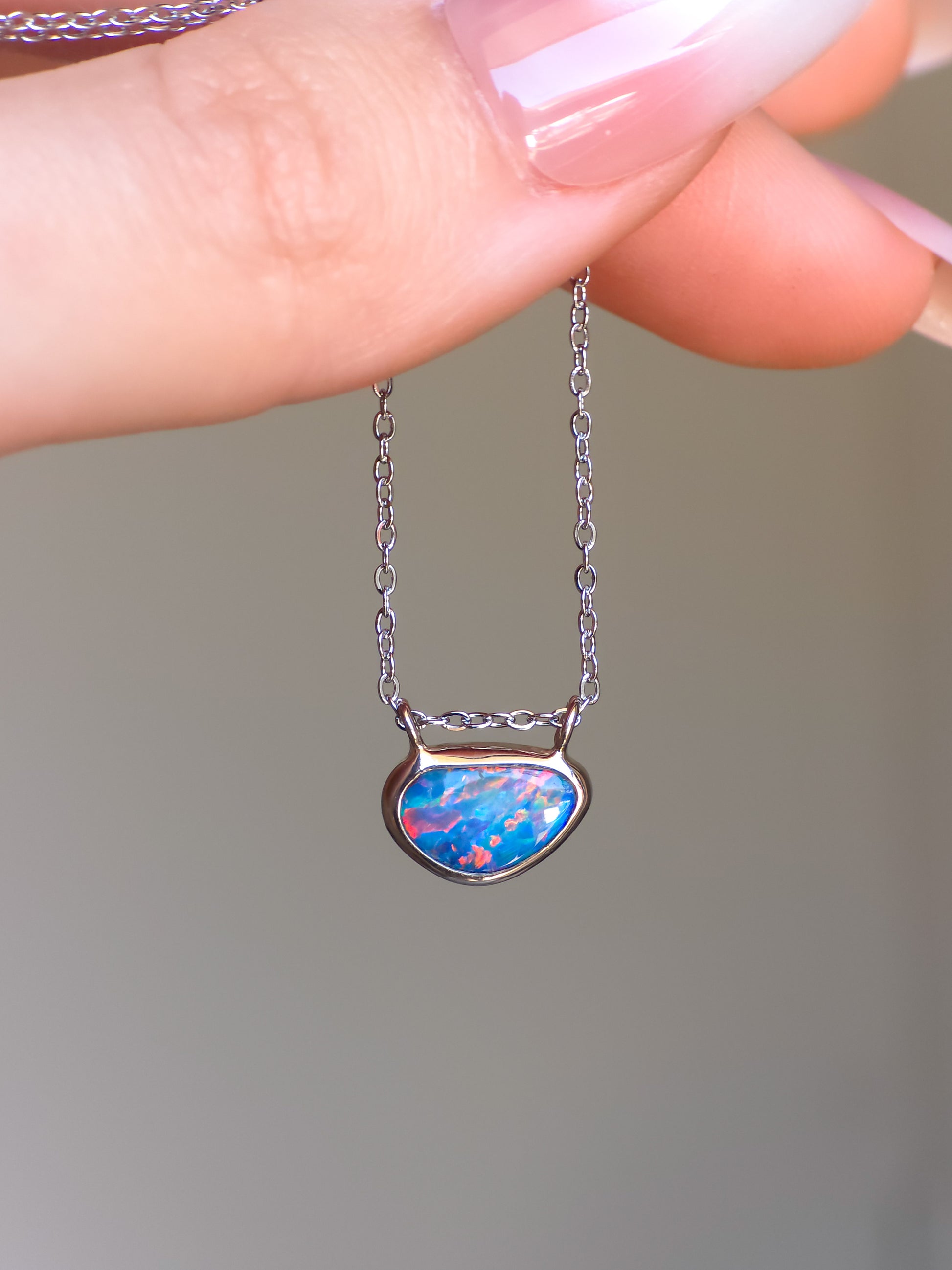 LOTUS | 14K White Gold Coober Pedy Opal Necklace / Dainty Jewelry / Charm Pendant