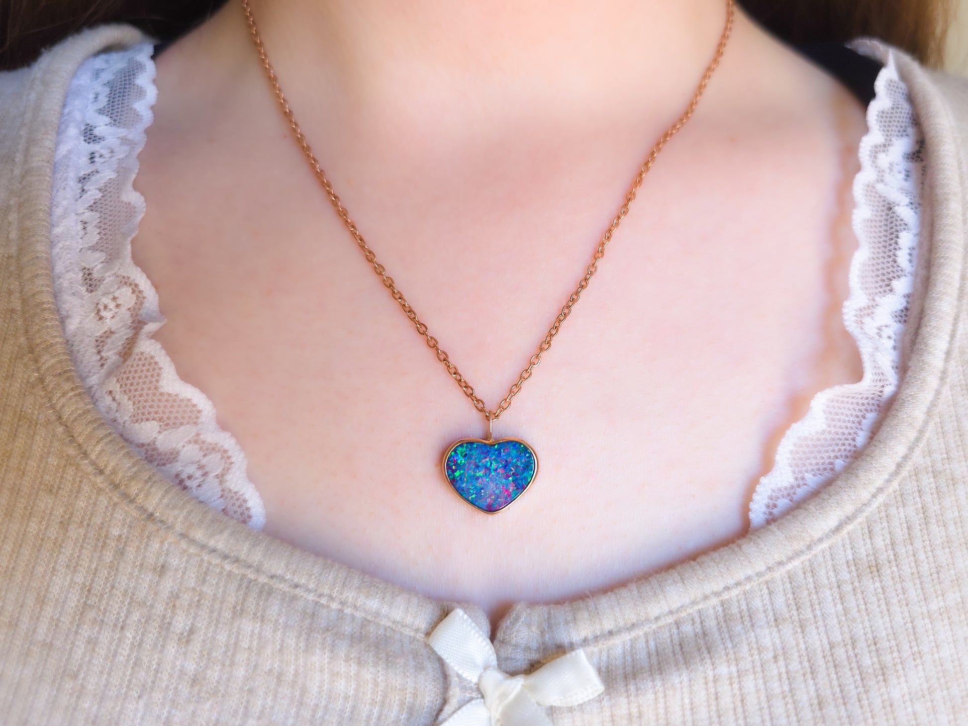ROSE HEART | 14K Gold Coober Pedy opal doublet necklace/ heart opal pendant / pink heart