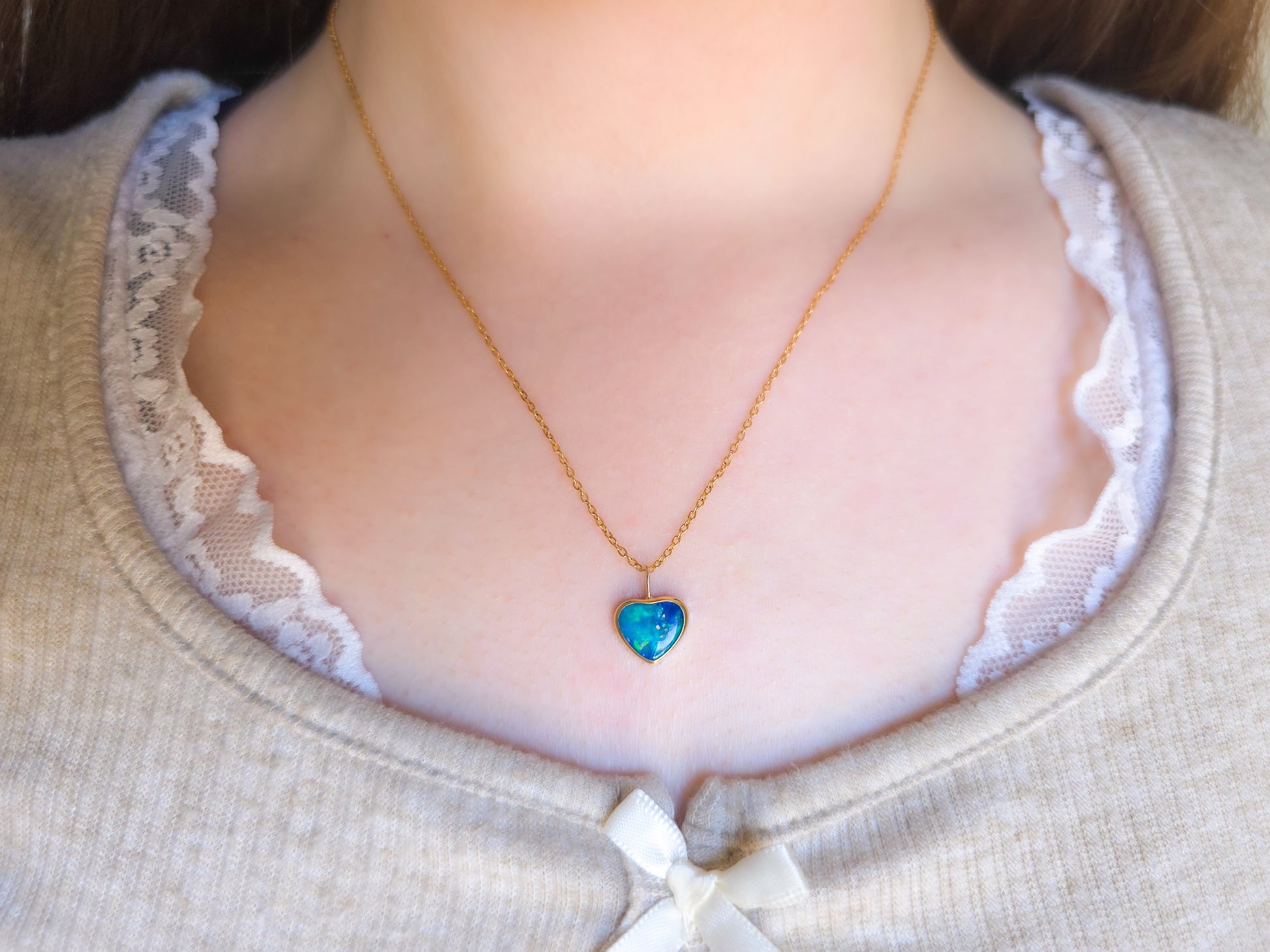 PRIMROSE | 14K Gold Coober Pedy Opal Heart Necklace / Minimalist Opal Doublet Pendant