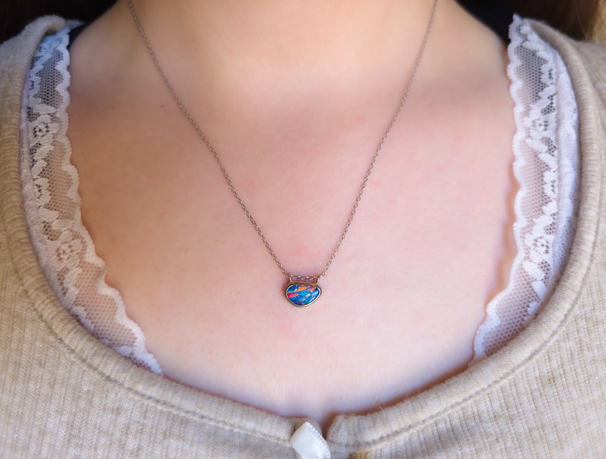 LOTUS | 14K White Gold Coober Pedy Opal Necklace / Dainty Jewelry / Charm Pendant