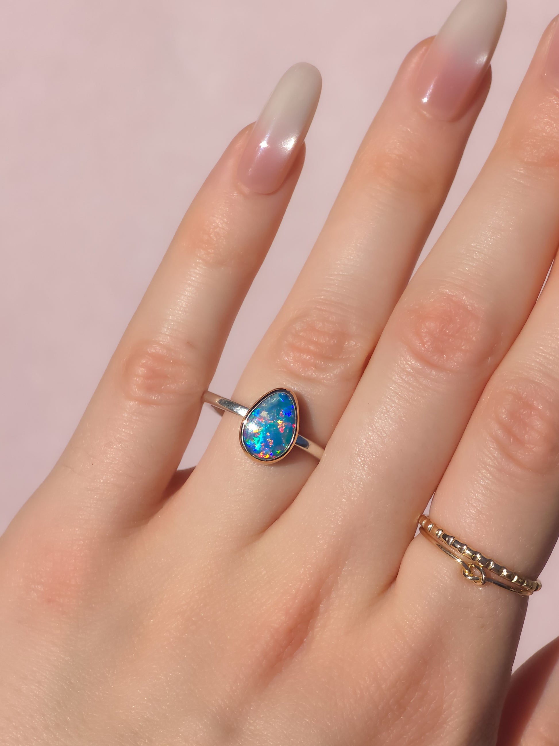 MILA | 14K Rose Gold and Silver Two-tone Australian opal ring / dainty ring