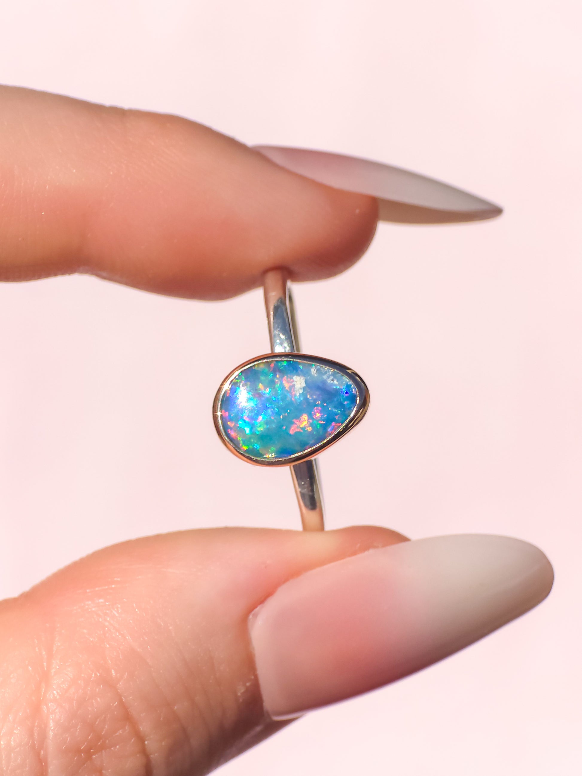 MILA | 14K Rose Gold and Silver Two-tone Australian opal ring / dainty ring