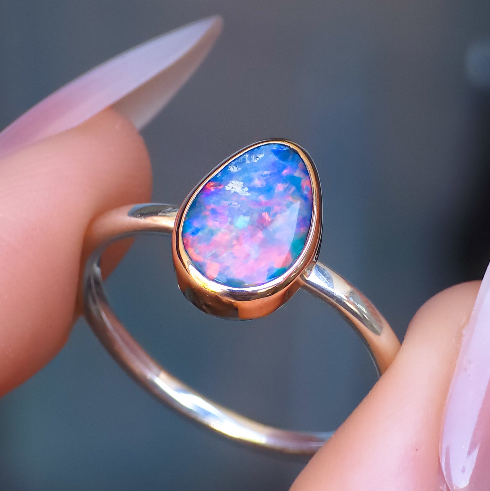 MILA | 14K Rose Gold and Silver Two-tone Australian opal ring / dainty ring