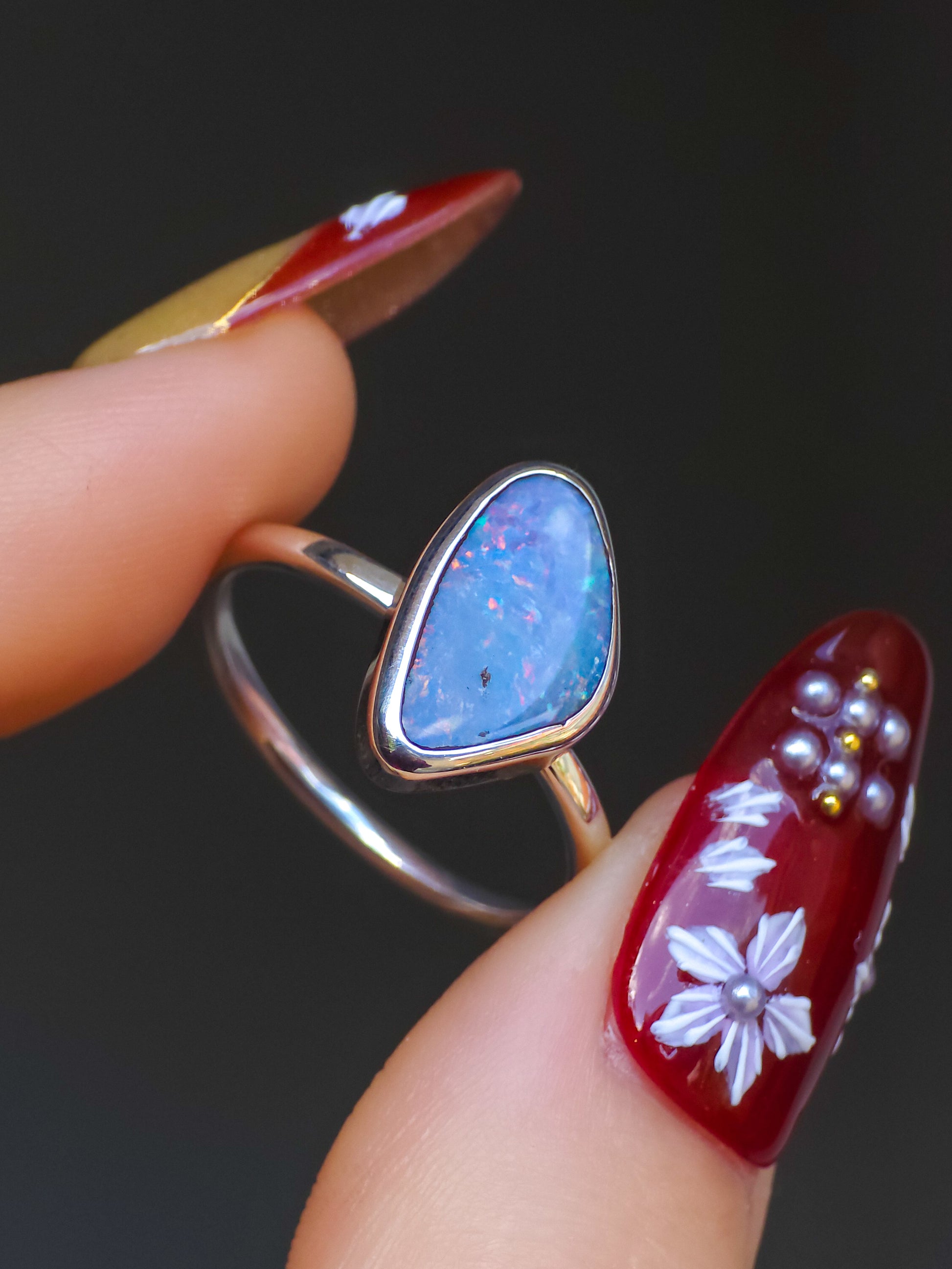 OCEANIC | Australian Coober Pedy Opal Doublet Ring / solid 925 silver / free sizing