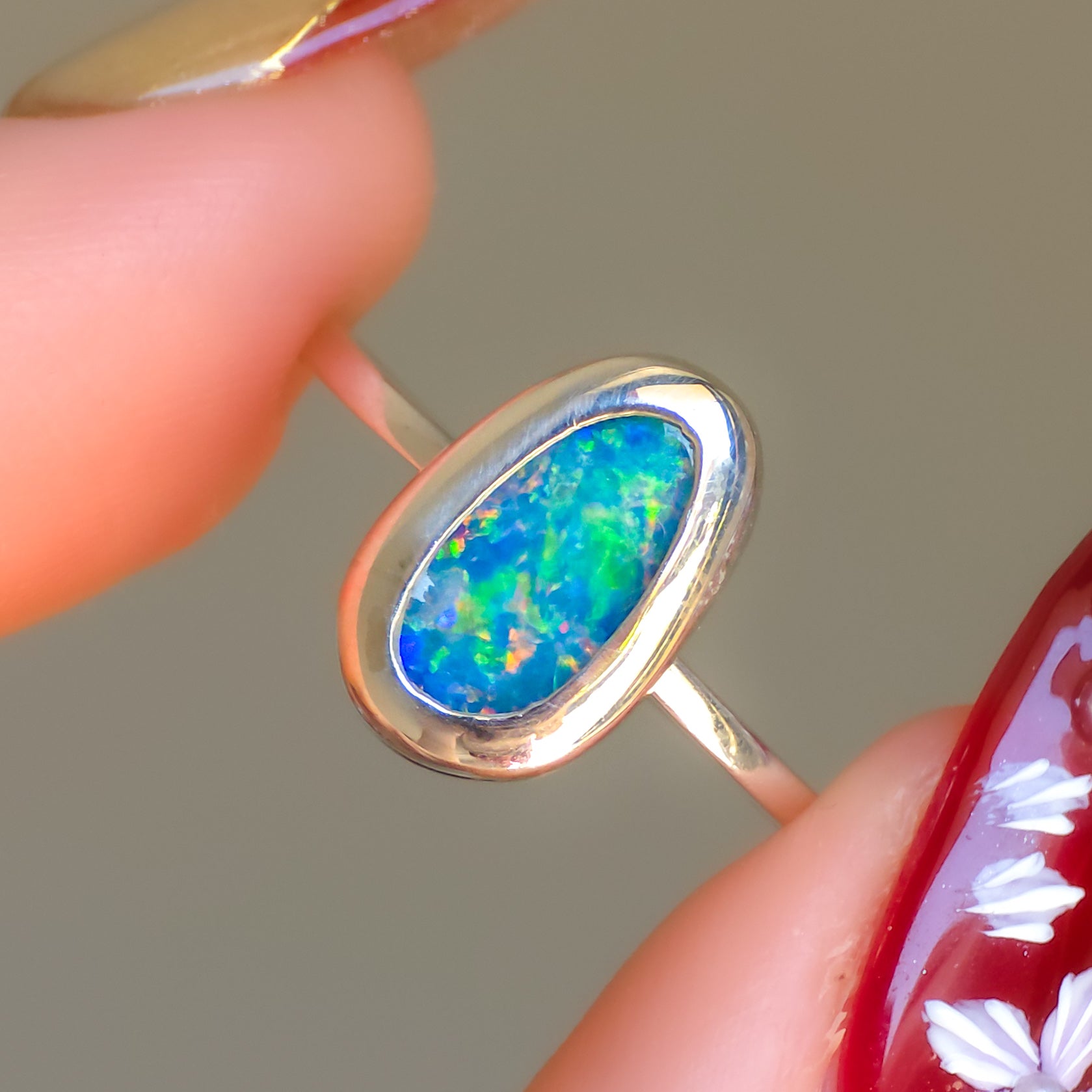 Coober Pedy Opal Doublet Ring / solid 925 silver / adjustable sizing / dainty opal ring