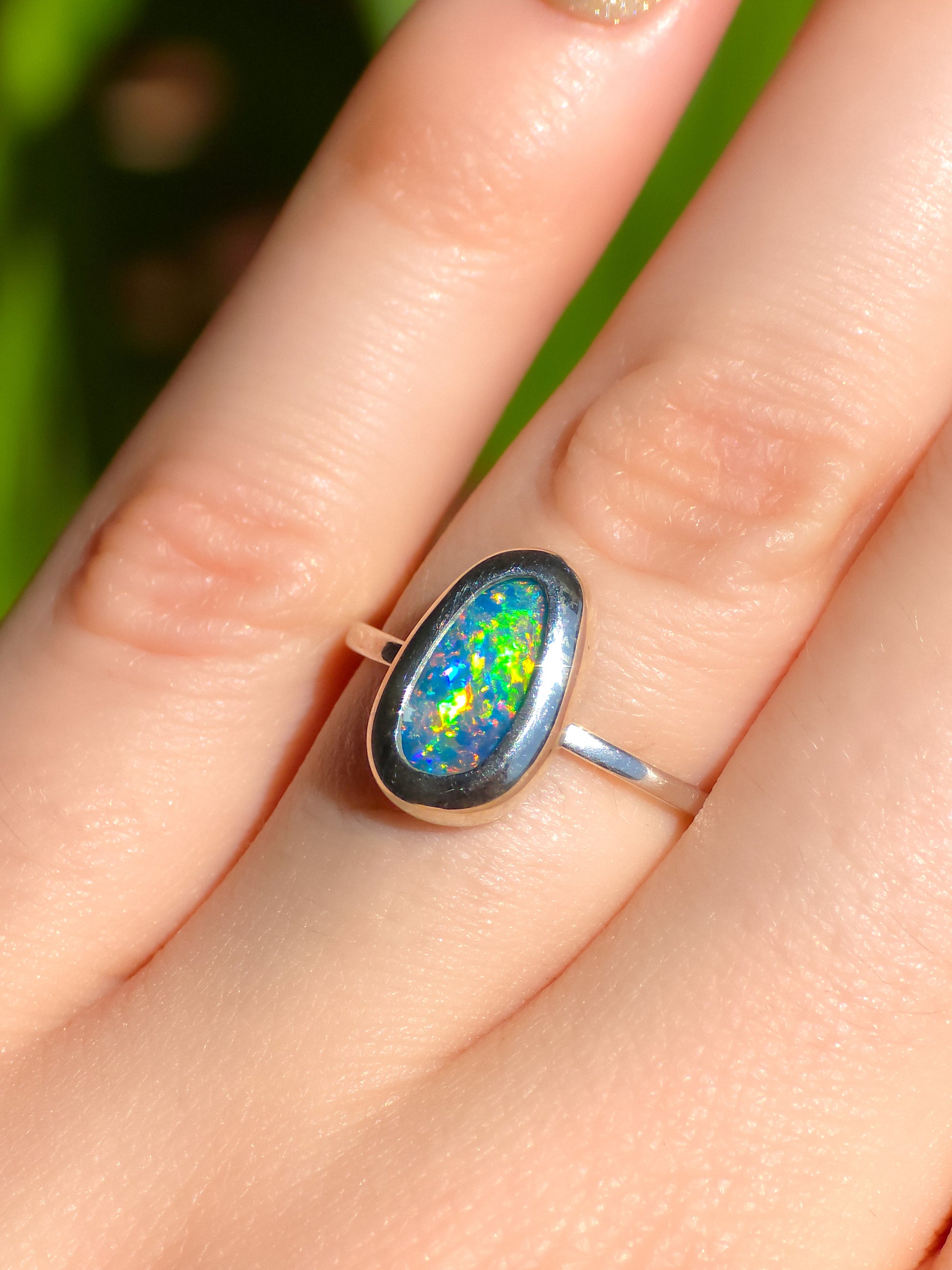 Coober Pedy Opal Doublet Ring / solid 925 silver / adjustable sizing / dainty opal ring