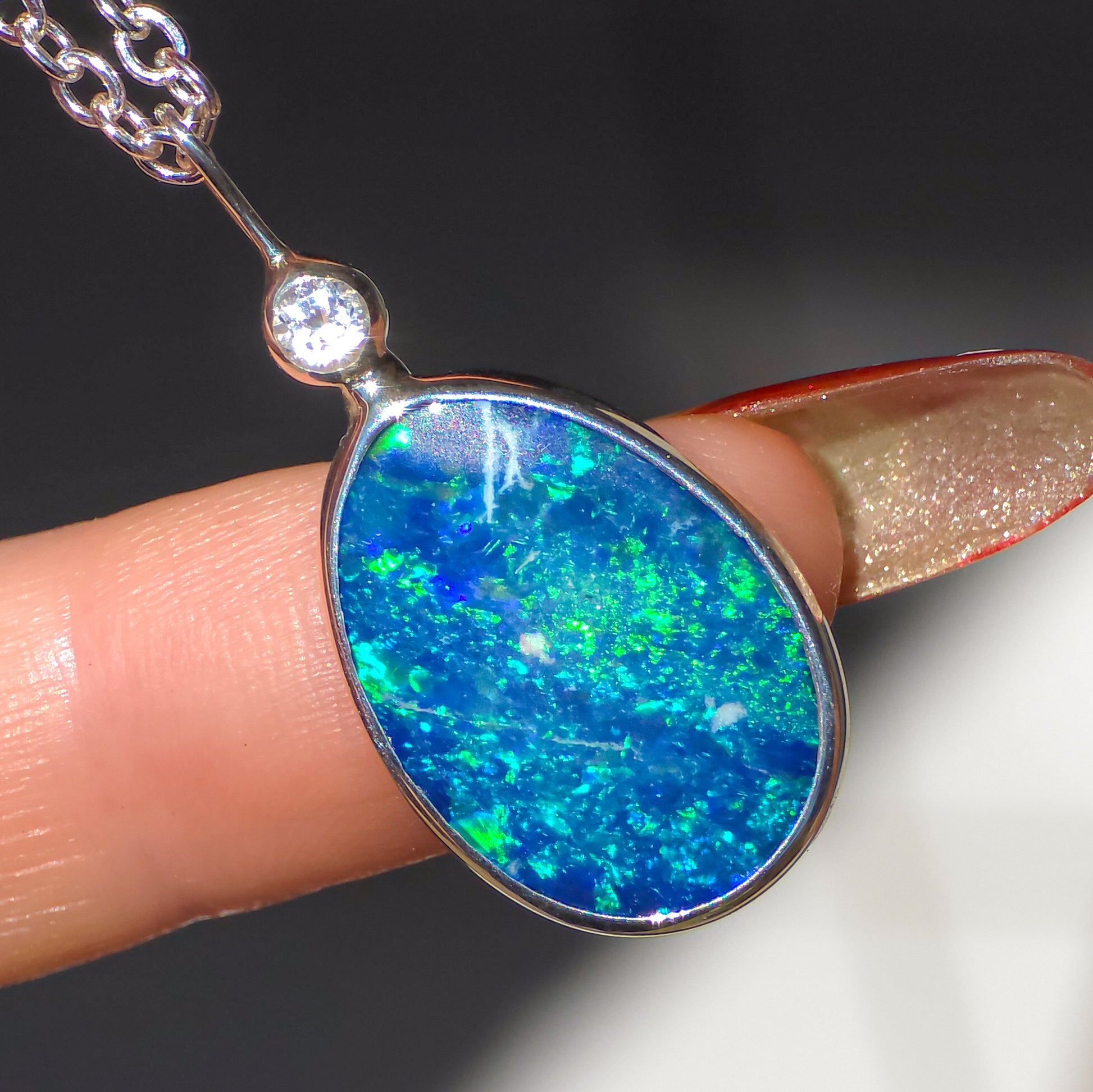 ODETTE | Australian Opal and Killicrankie Diamond Pendant / Coober Pedy Doublet / 925 Silver