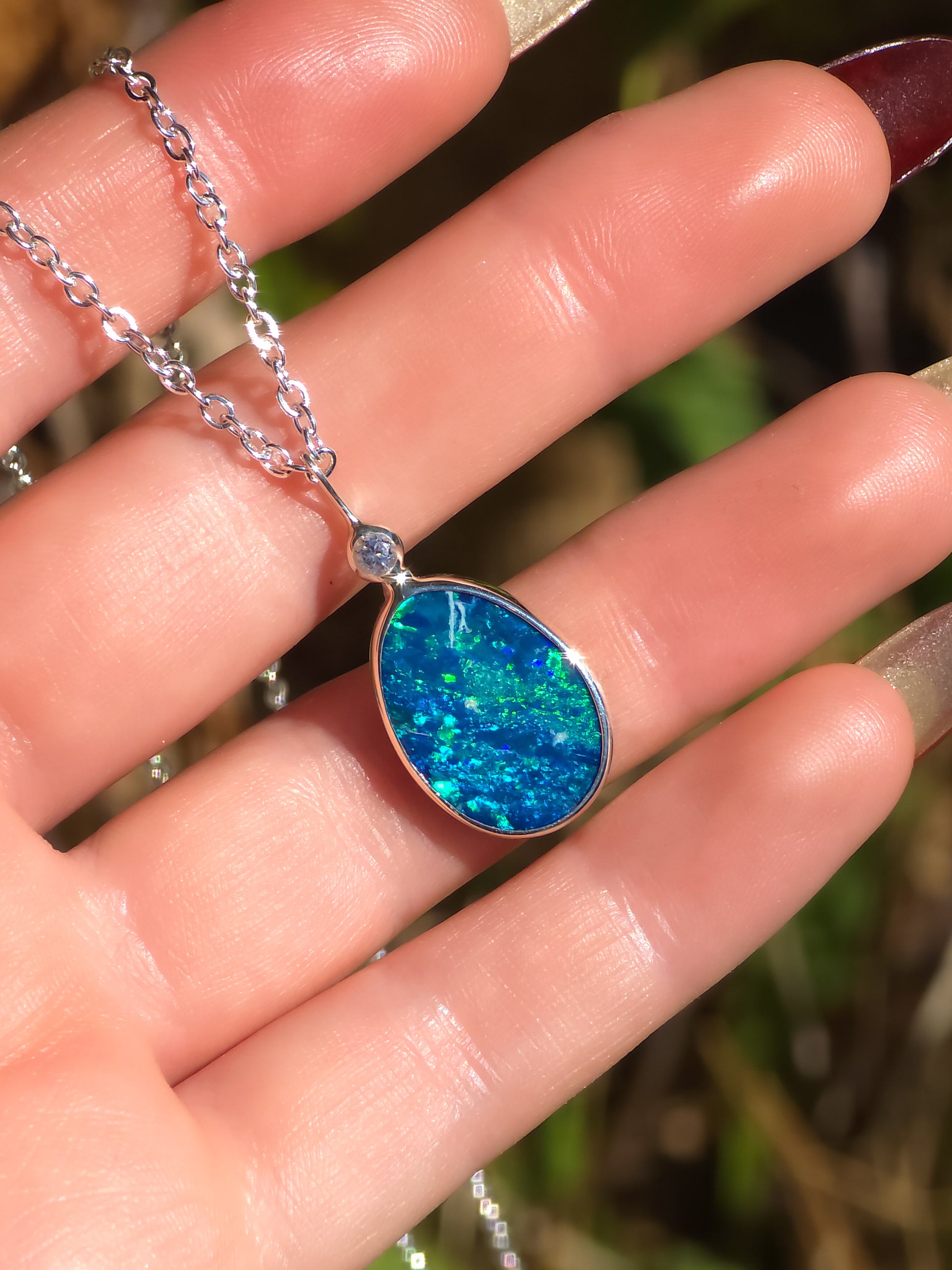 ODETTE | Australian Opal and Killicrankie Diamond Pendant / Coober Pedy Doublet / 925 Silver