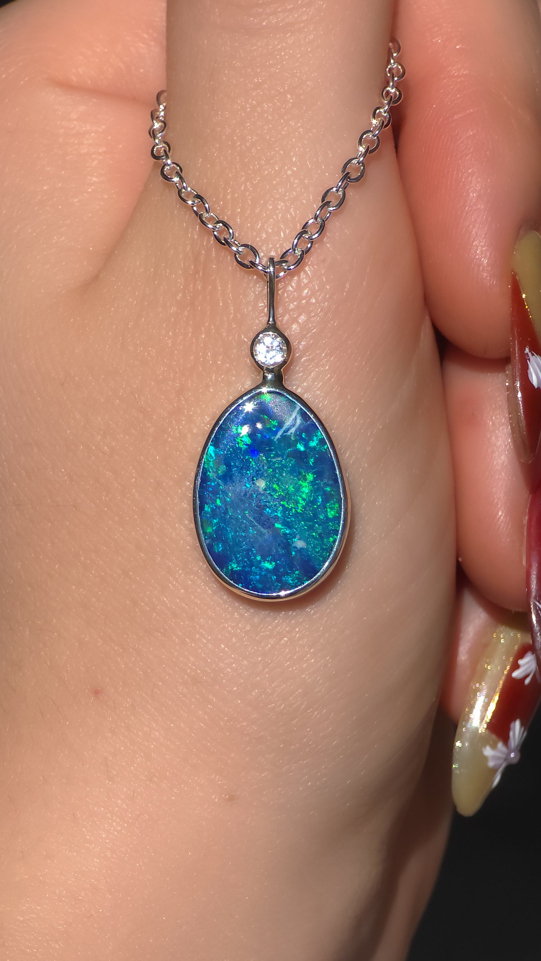 ODETTE | Australian Opal and Killicrankie Diamond Pendant / Coober Pedy Doublet / 925 Silver