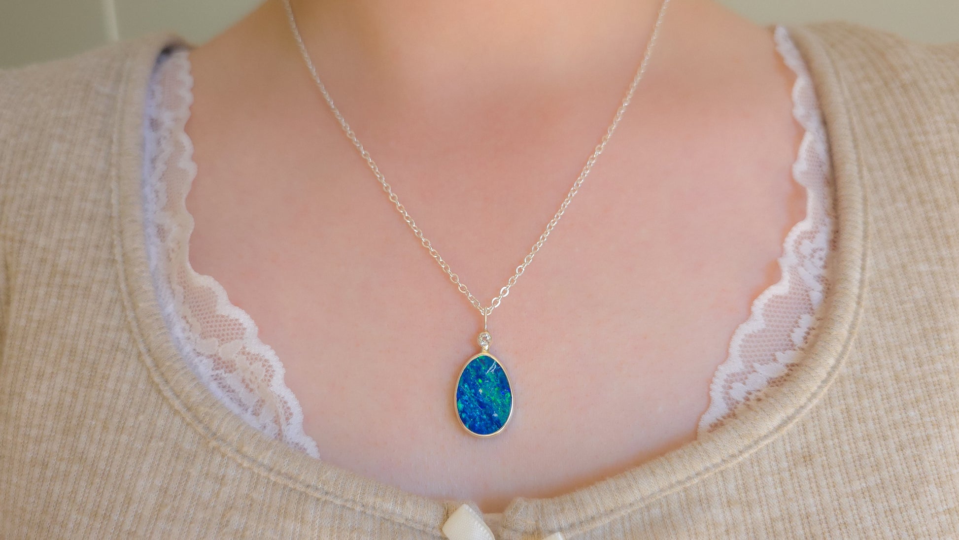 ODETTE | Australian Opal and Killicrankie Diamond Pendant / Coober Pedy Doublet / 925 Silver