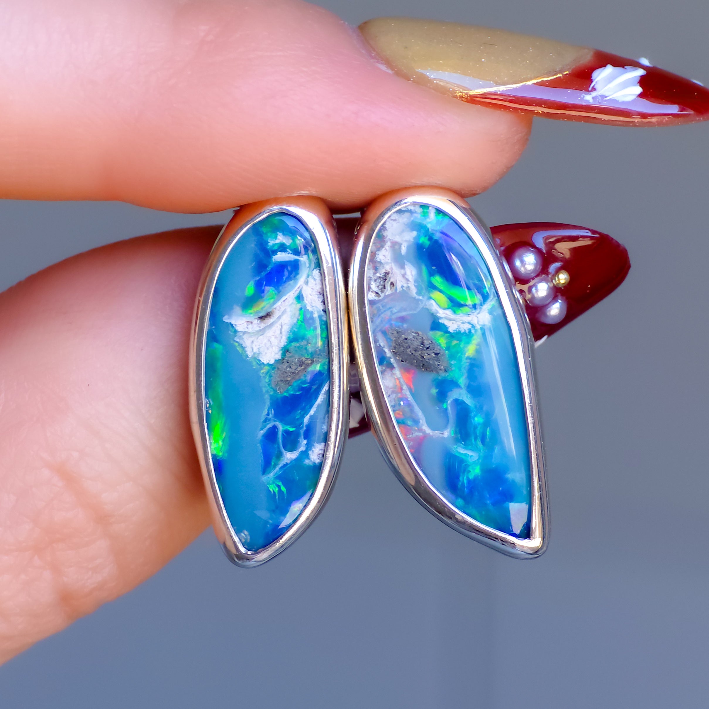 Coober Pedy Opal Doublet Stud Earrings | Solid 925 Silver Bezel, Angel wings