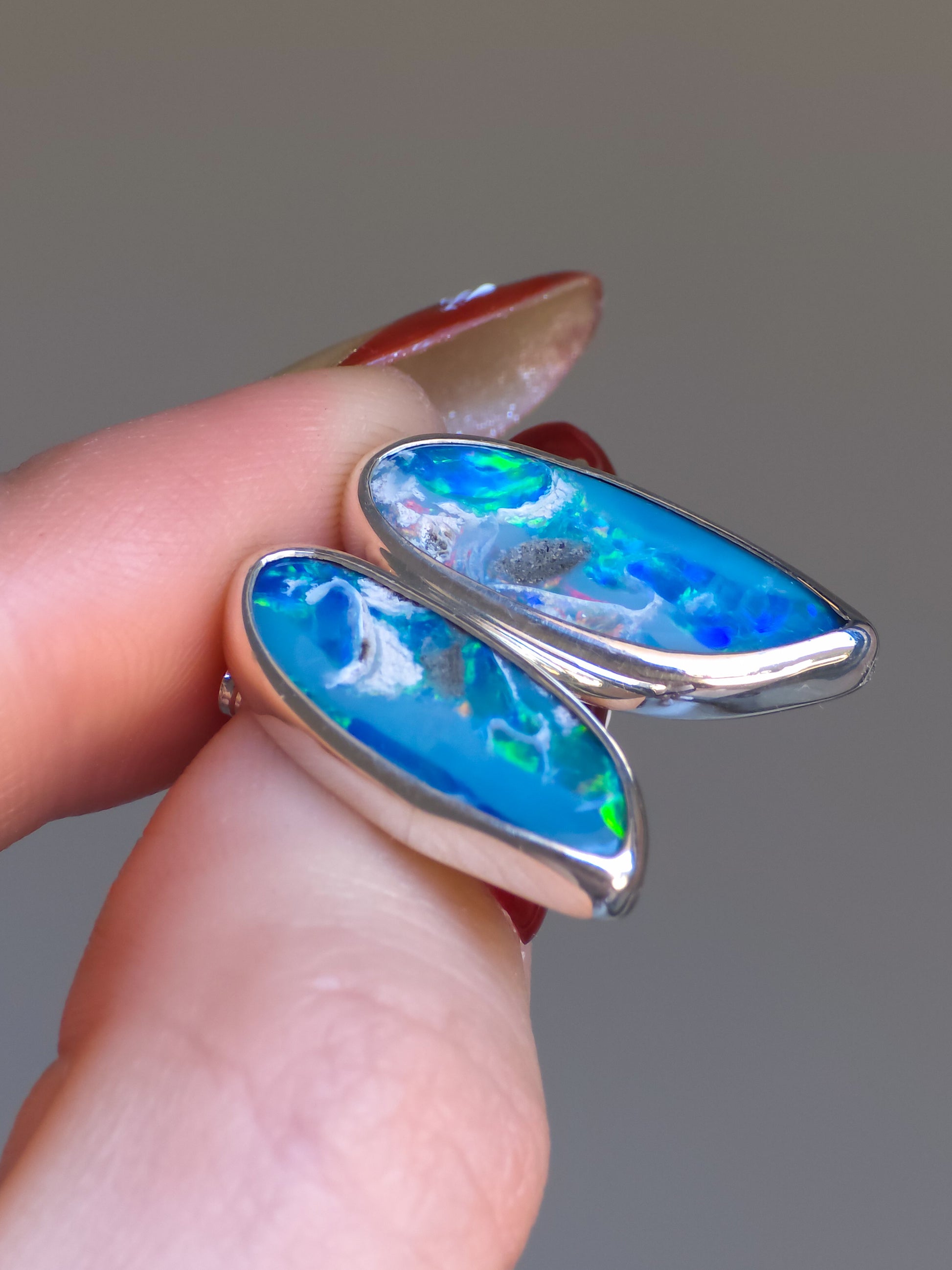 Coober Pedy Opal Doublet Stud Earrings | Solid 925 Silver Bezel, Angel wings