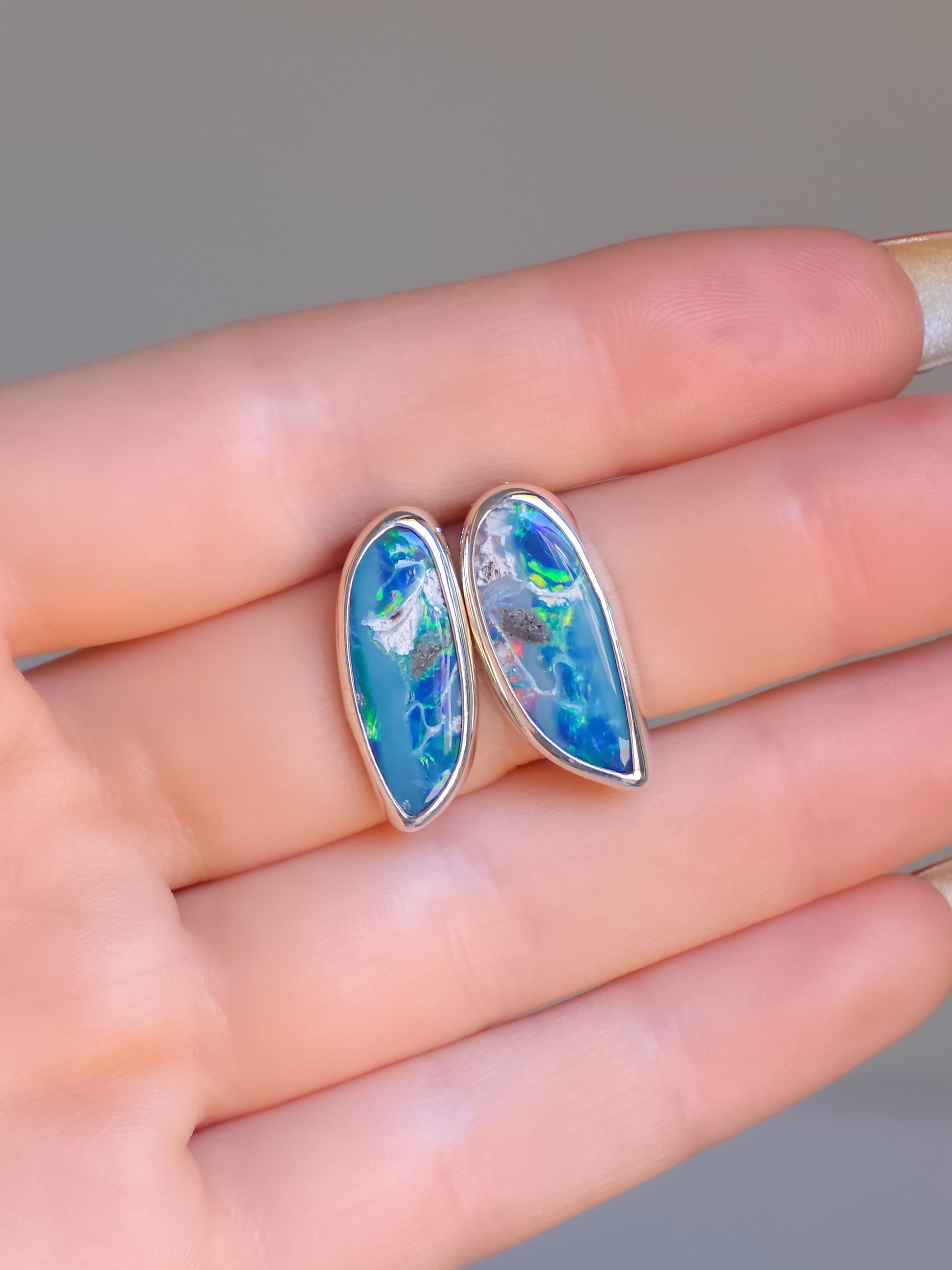 Coober Pedy Opal Doublet Stud Earrings | Solid 925 Silver Bezel, Angel wings