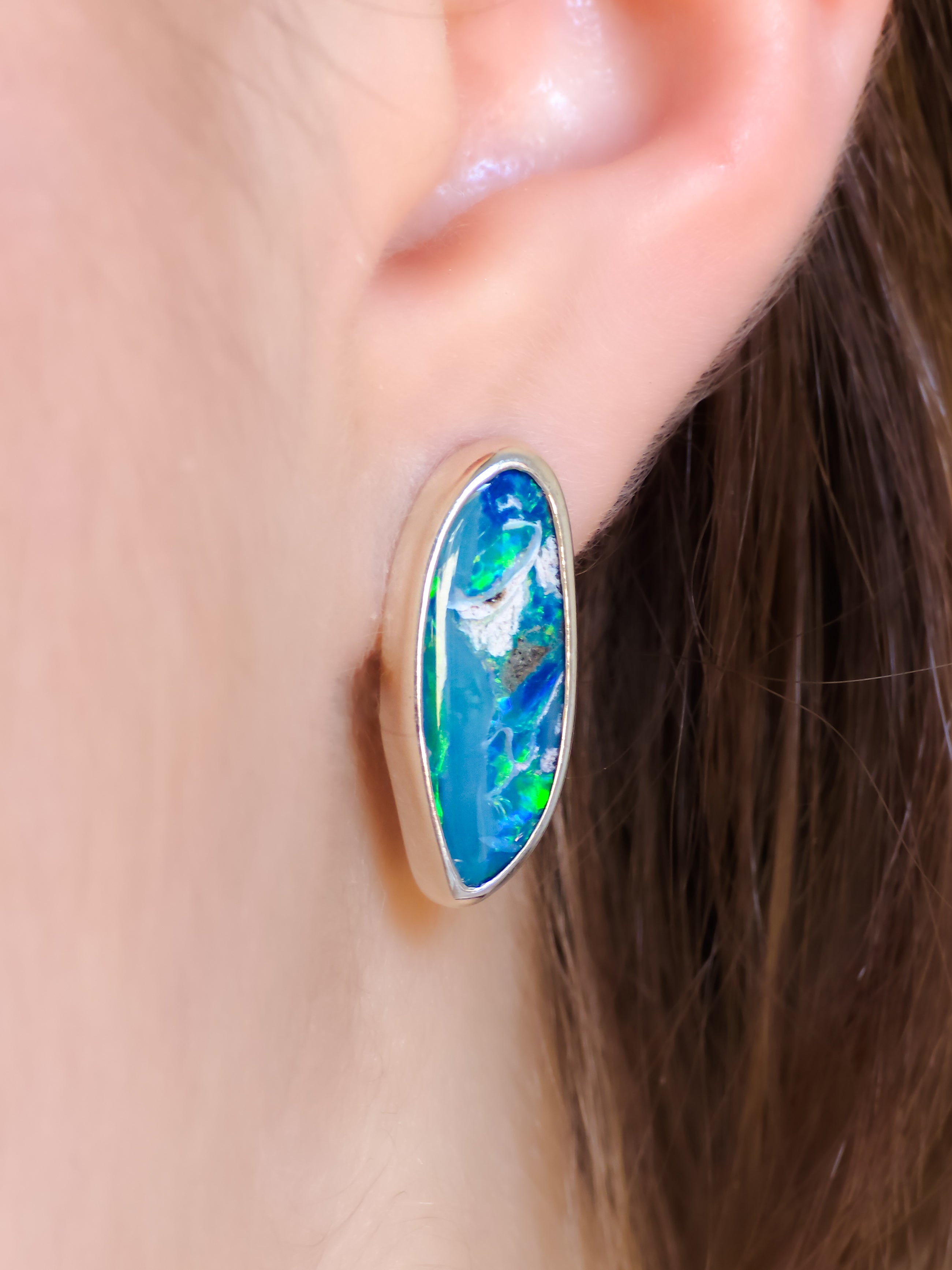 Coober Pedy Opal Doublet Stud Earrings | Solid 925 Silver Bezel, Angel wings