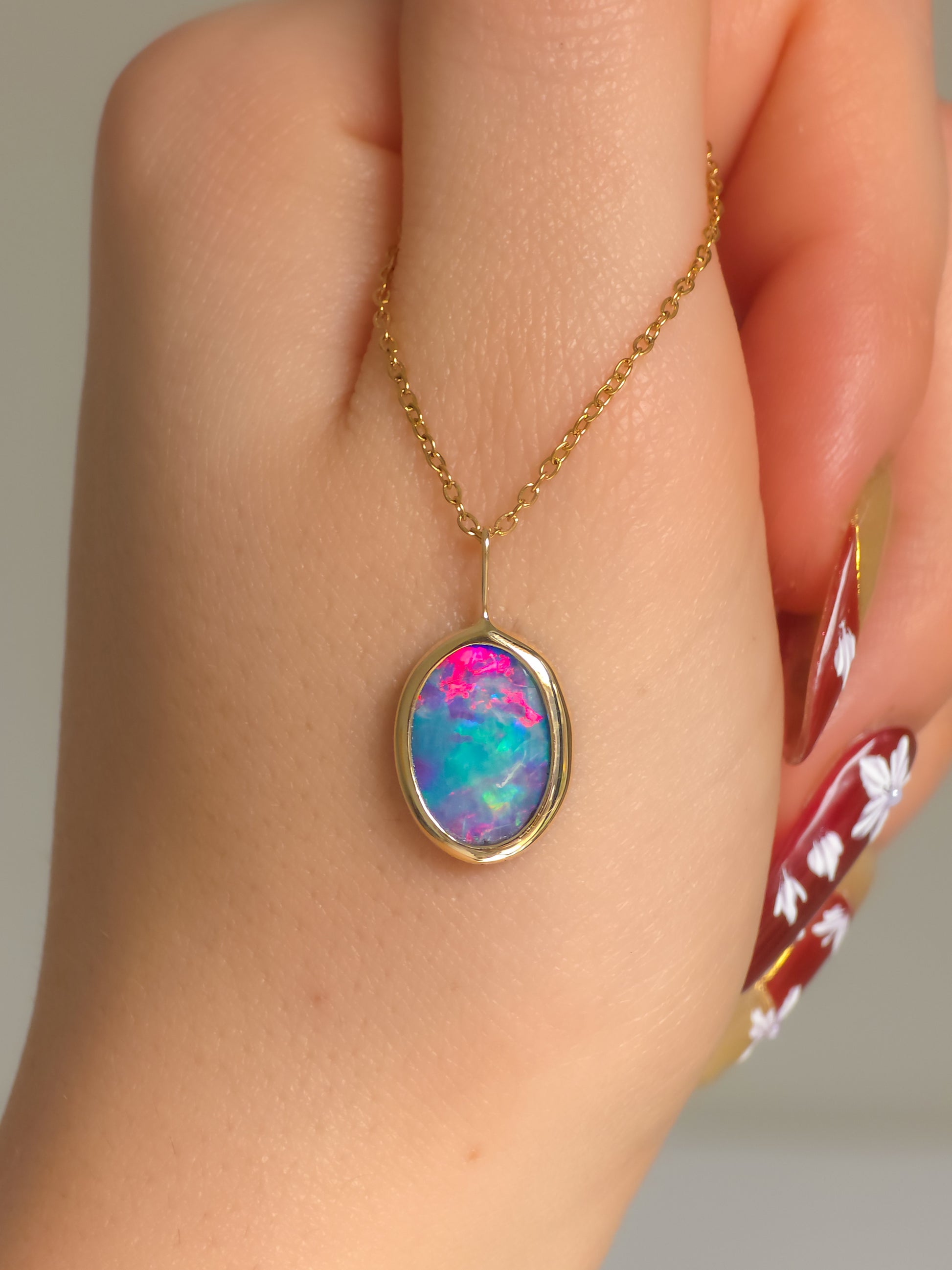 PLUM BLOSSOM | 14K Gold Coober Pedy opal doublet necklace/ pink crystal opal/ minimalist jewelry