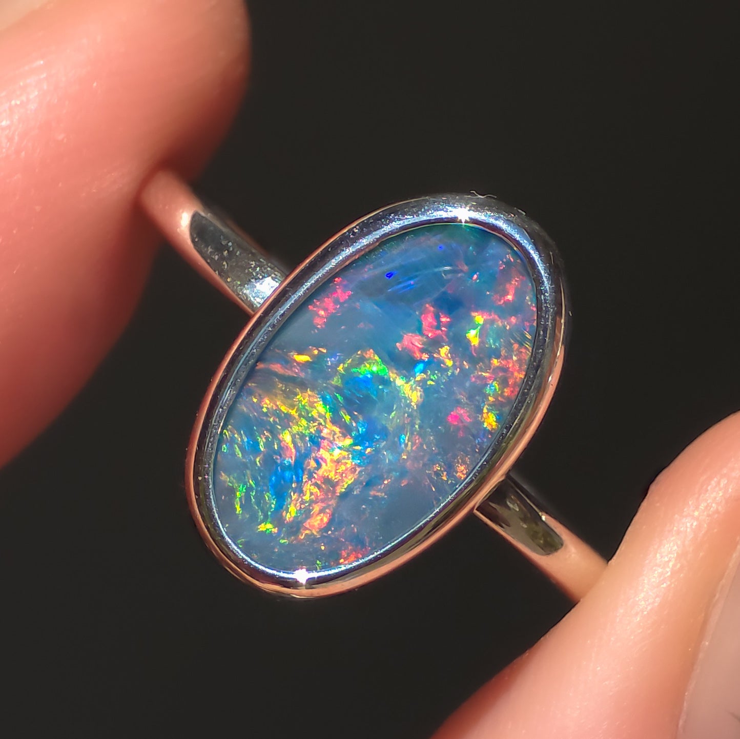 FUCHSIA | Australian Coober Pedy Opal Doublet Ring, 925 Silver Rainbow Opal