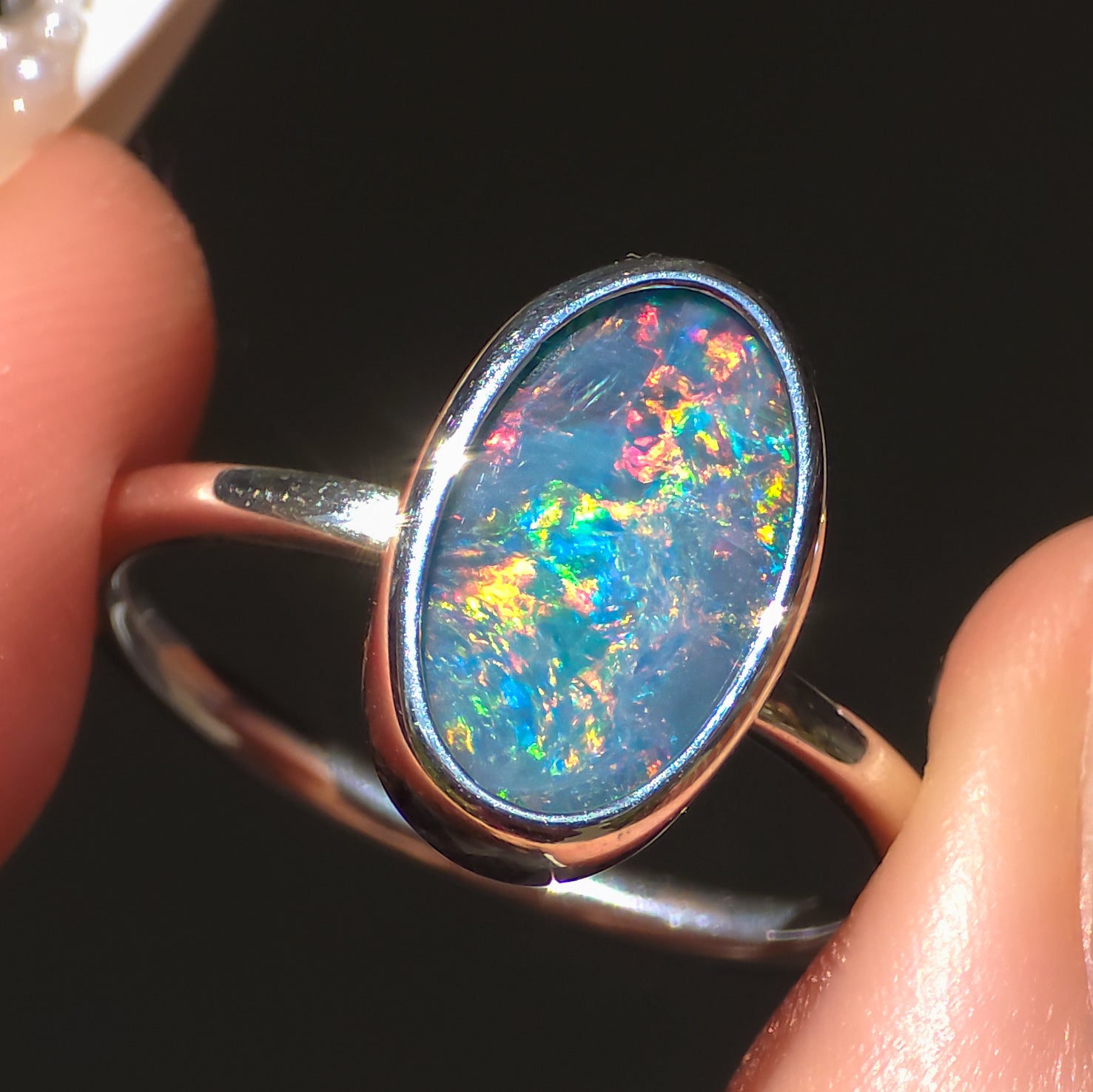 FUCHSIA | Australian Coober Pedy Opal Doublet Ring, 925 Silver Rainbow Opal