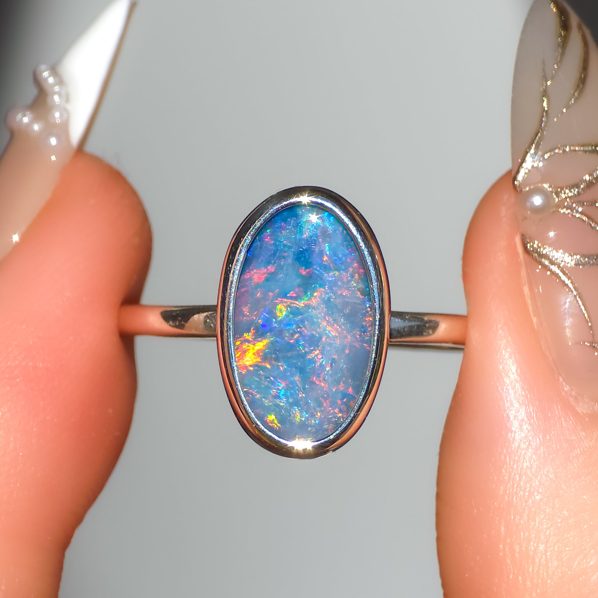FUCHSIA | Australian Coober Pedy Opal Doublet Ring, 925 Silver Rainbow Opal