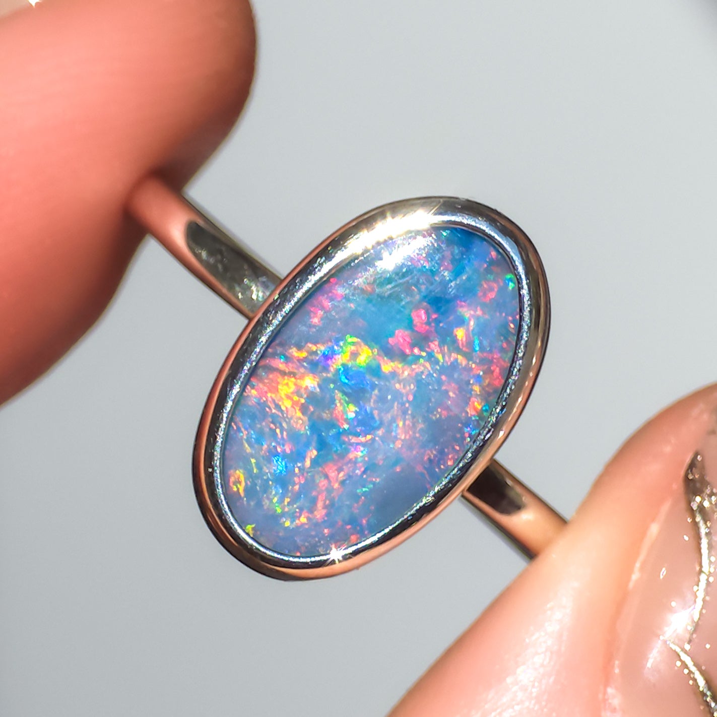 FUCHSIA | Australian Coober Pedy Opal Doublet Ring, 925 Silver Rainbow Opal