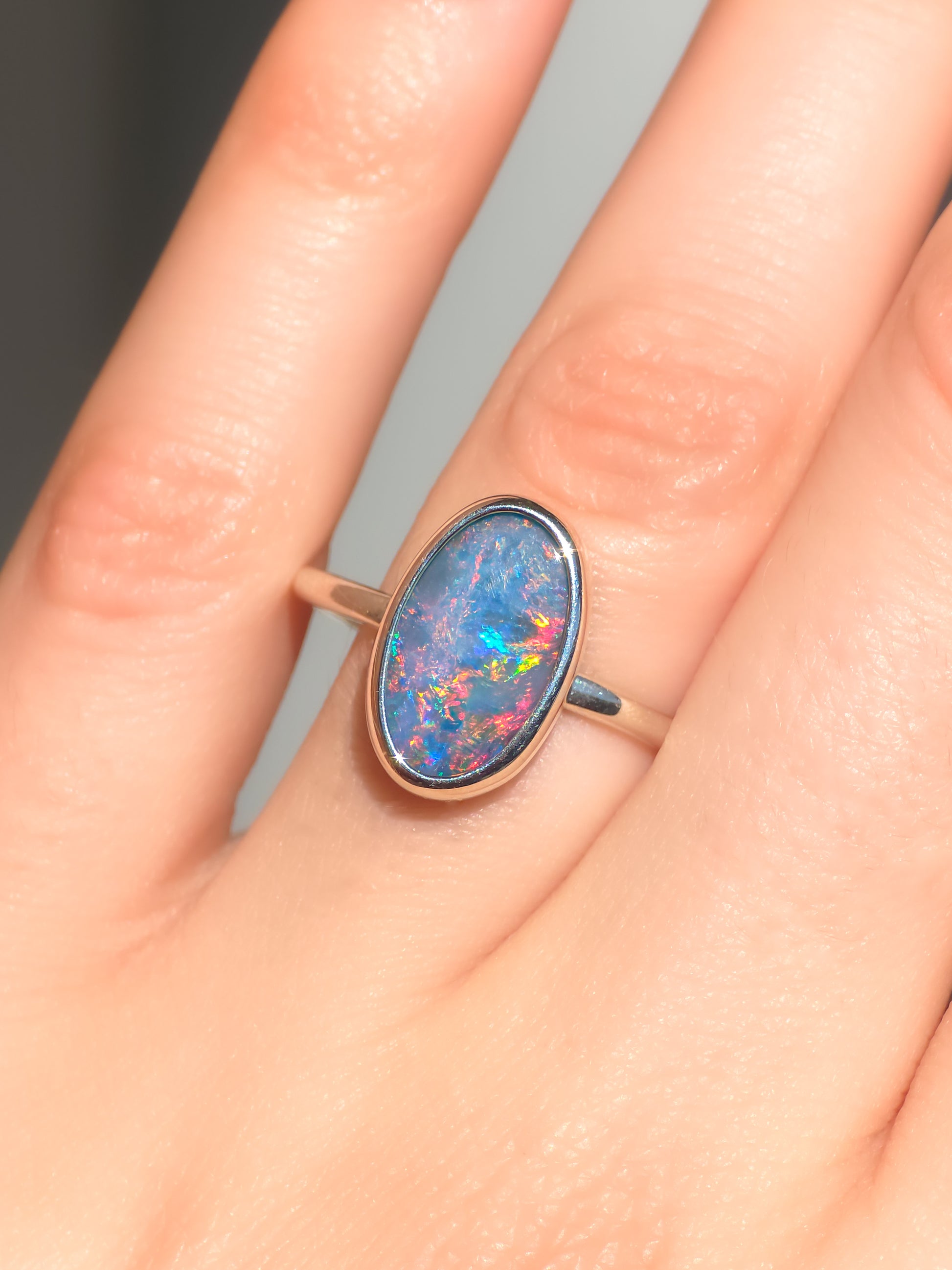 FUCHSIA | Australian Coober Pedy Opal Doublet Ring, 925 Silver Rainbow Opal