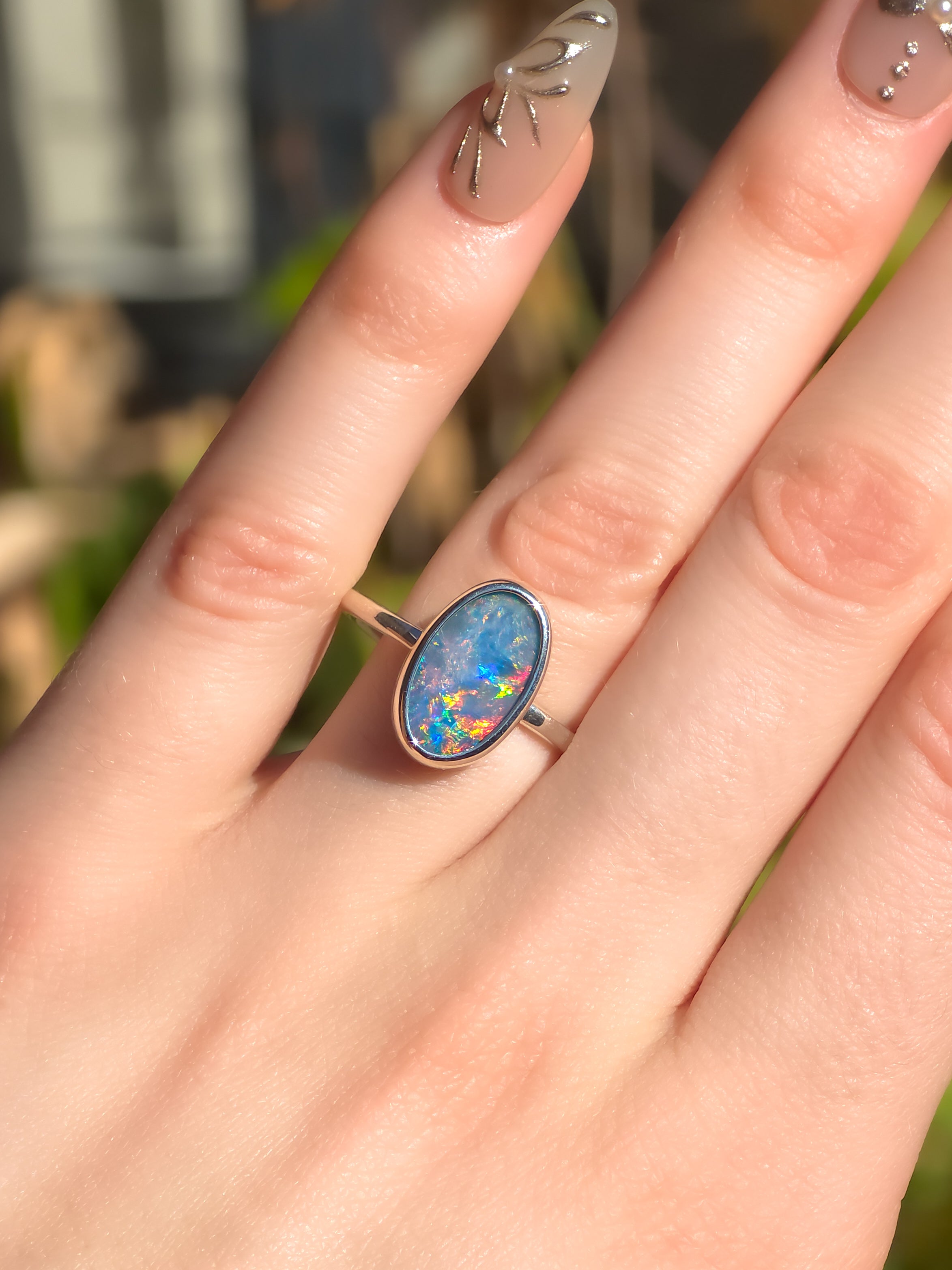 FUCHSIA | Australian Coober Pedy Opal Doublet Ring, 925 Silver Rainbow Opal