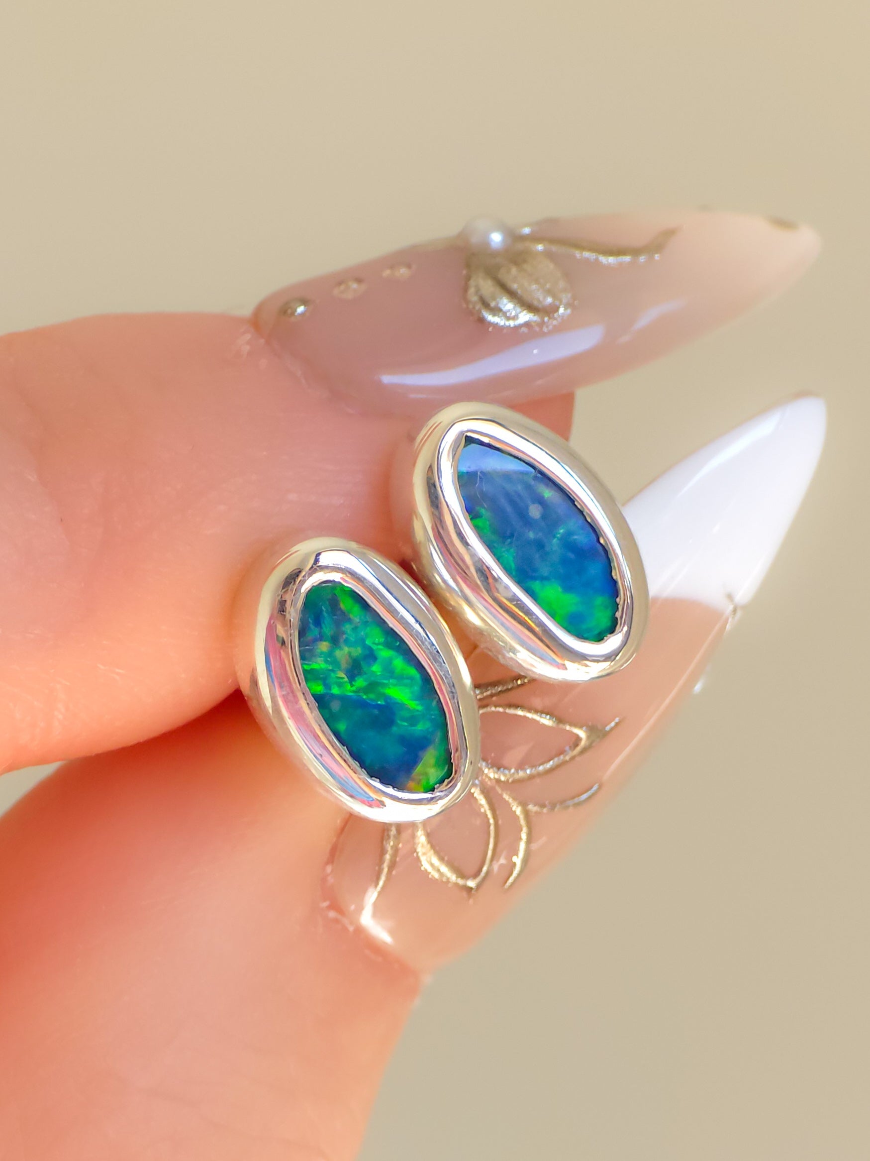 WILLOW | Australian Opal Doublet Earrings, Silver Coober Pedy Opal Studs