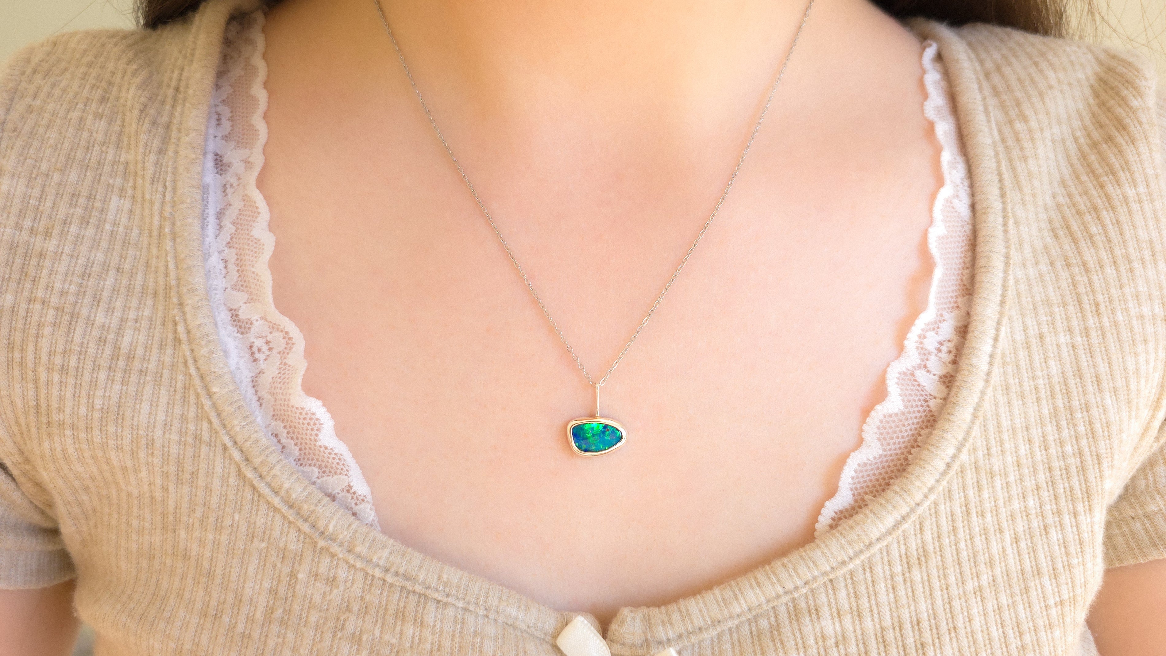 MIDORI | Coober Pedy Opal Doublet Pendant, Silver Australian Opal Necklace