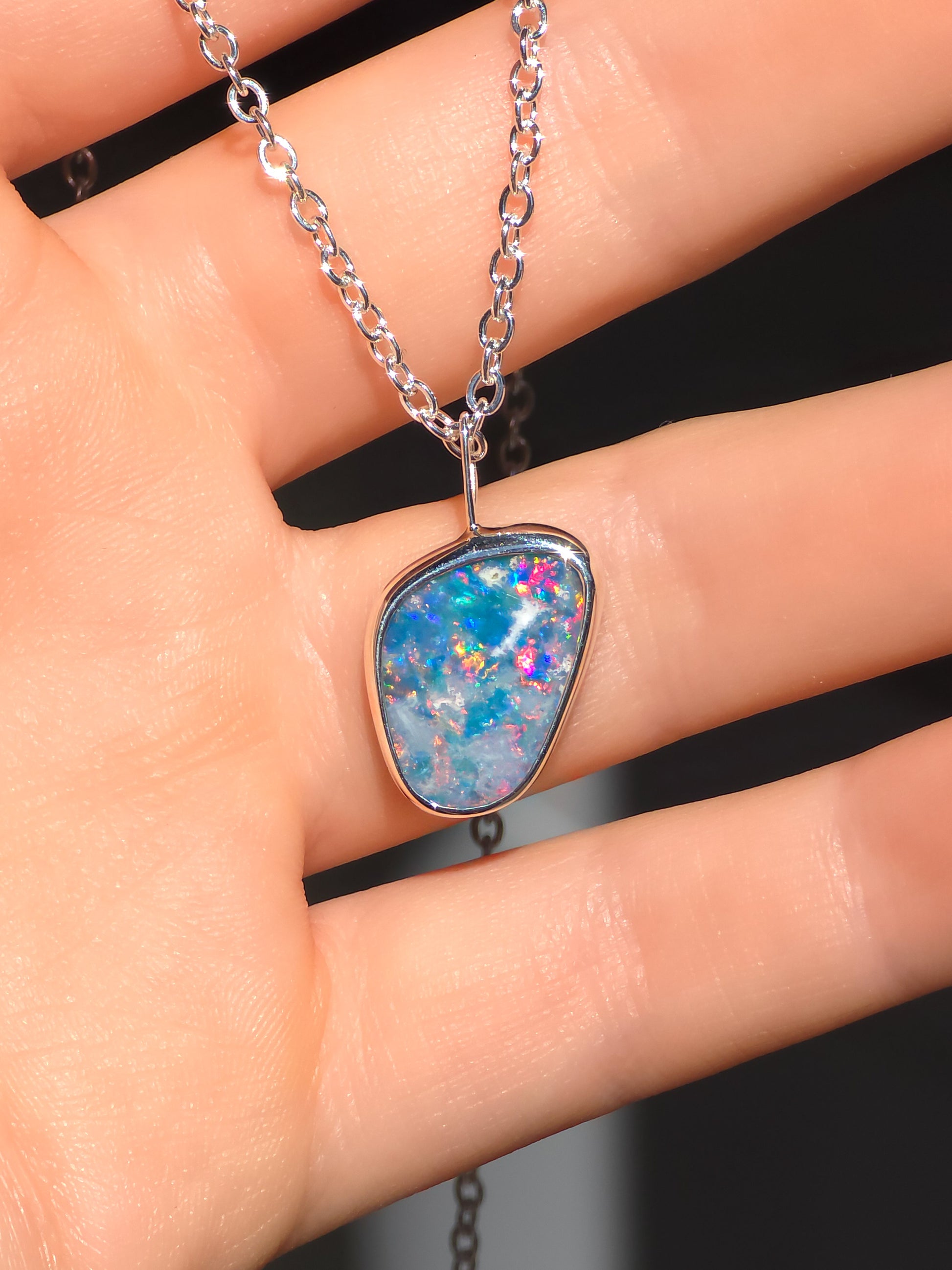 RÓZSA | Coober Pedy Opal Doublet Pendant, Silver Australian Opal Necklace
