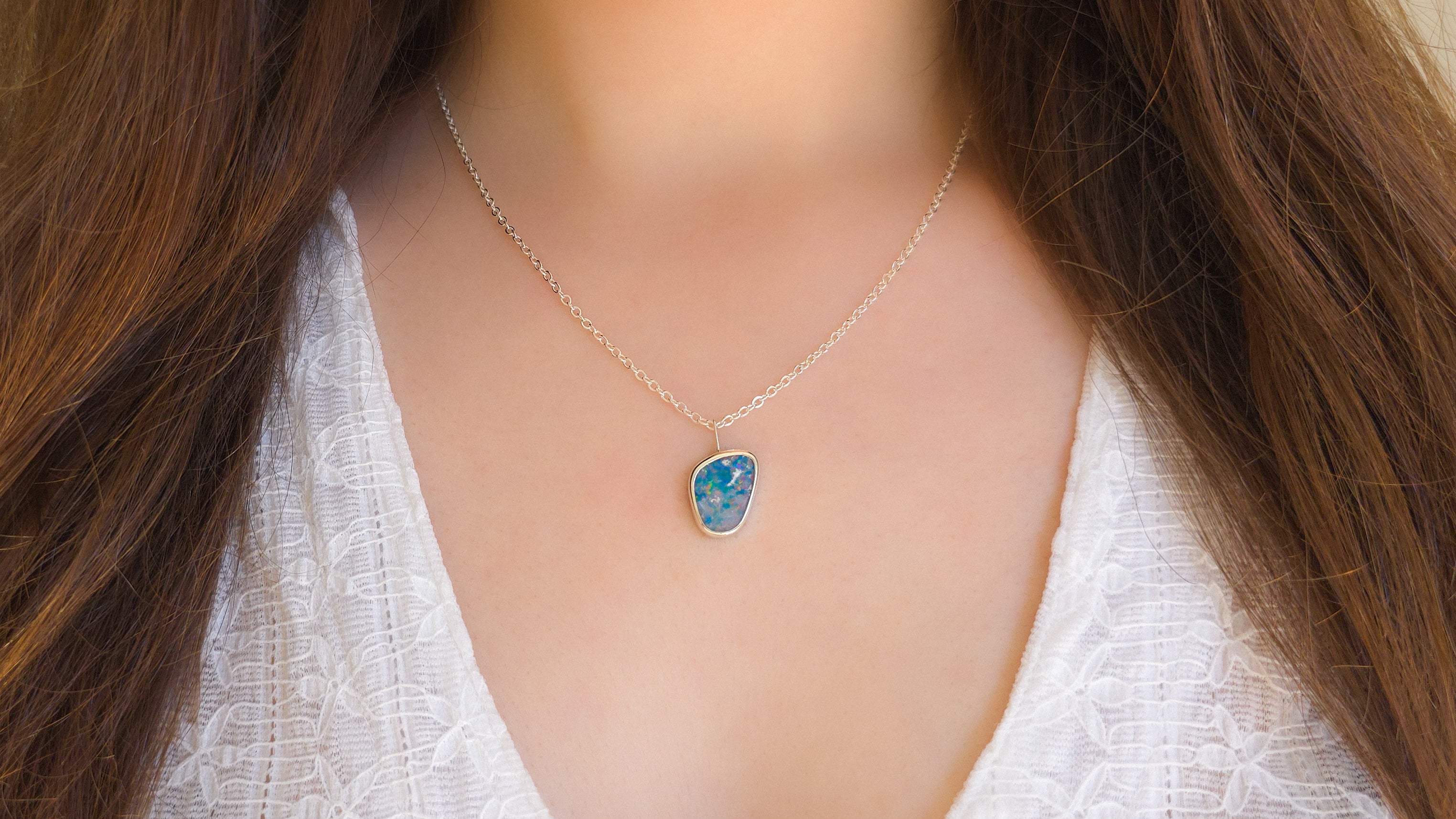 RÓZSA | Coober Pedy Opal Doublet Pendant, Silver Australian Opal Necklace