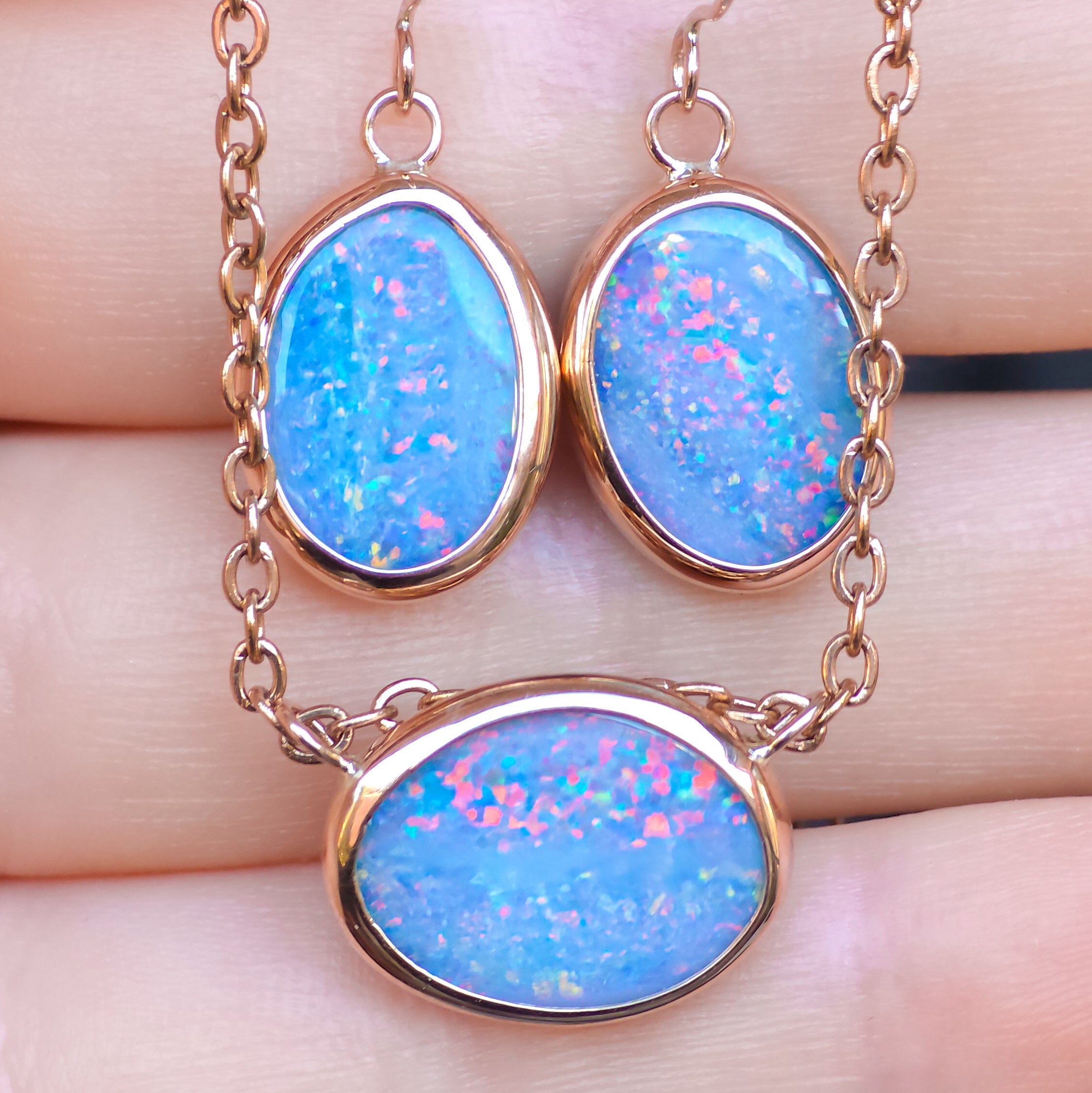 TRAMONTO | Pink 14K Rose Gold Coober Pedy Opal Pendant and Earring set