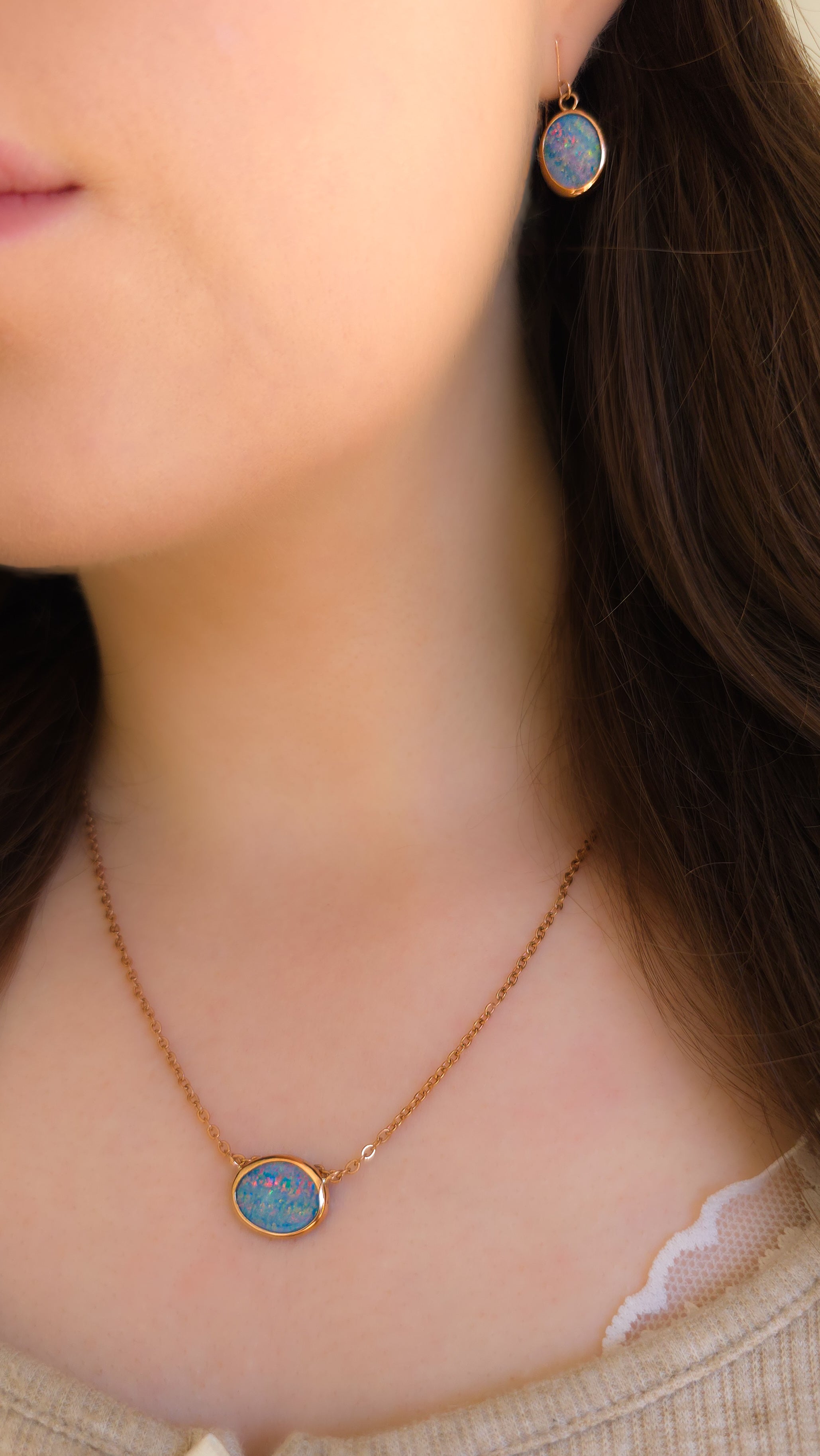 TRAMONTO | Pink 14K Rose Gold Coober Pedy Opal Pendant and Earring set