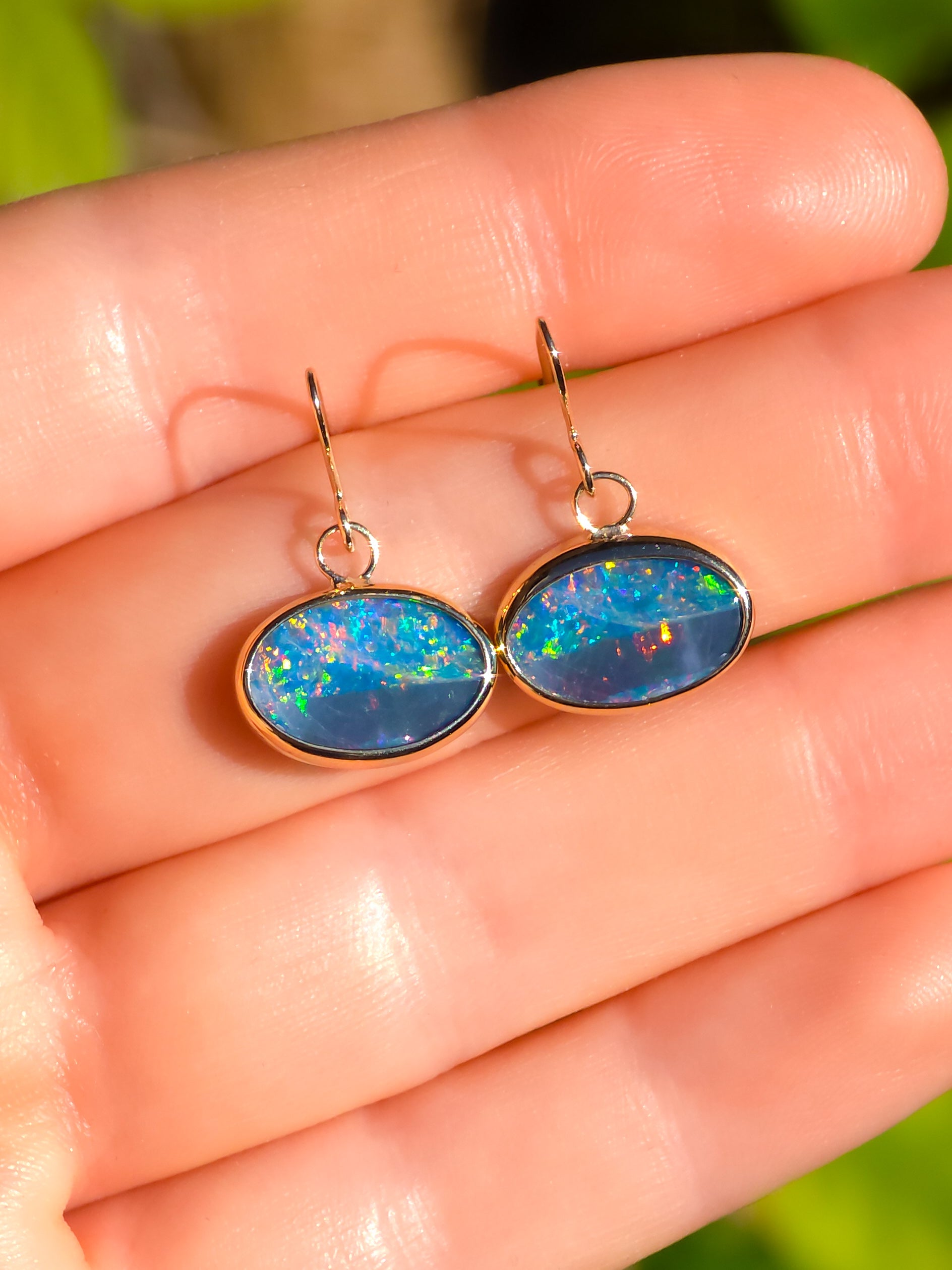 BLOOMS | 14k Gold Australian Opal Doublet Earrings, Shepherd's Hooks, Coober Pedy