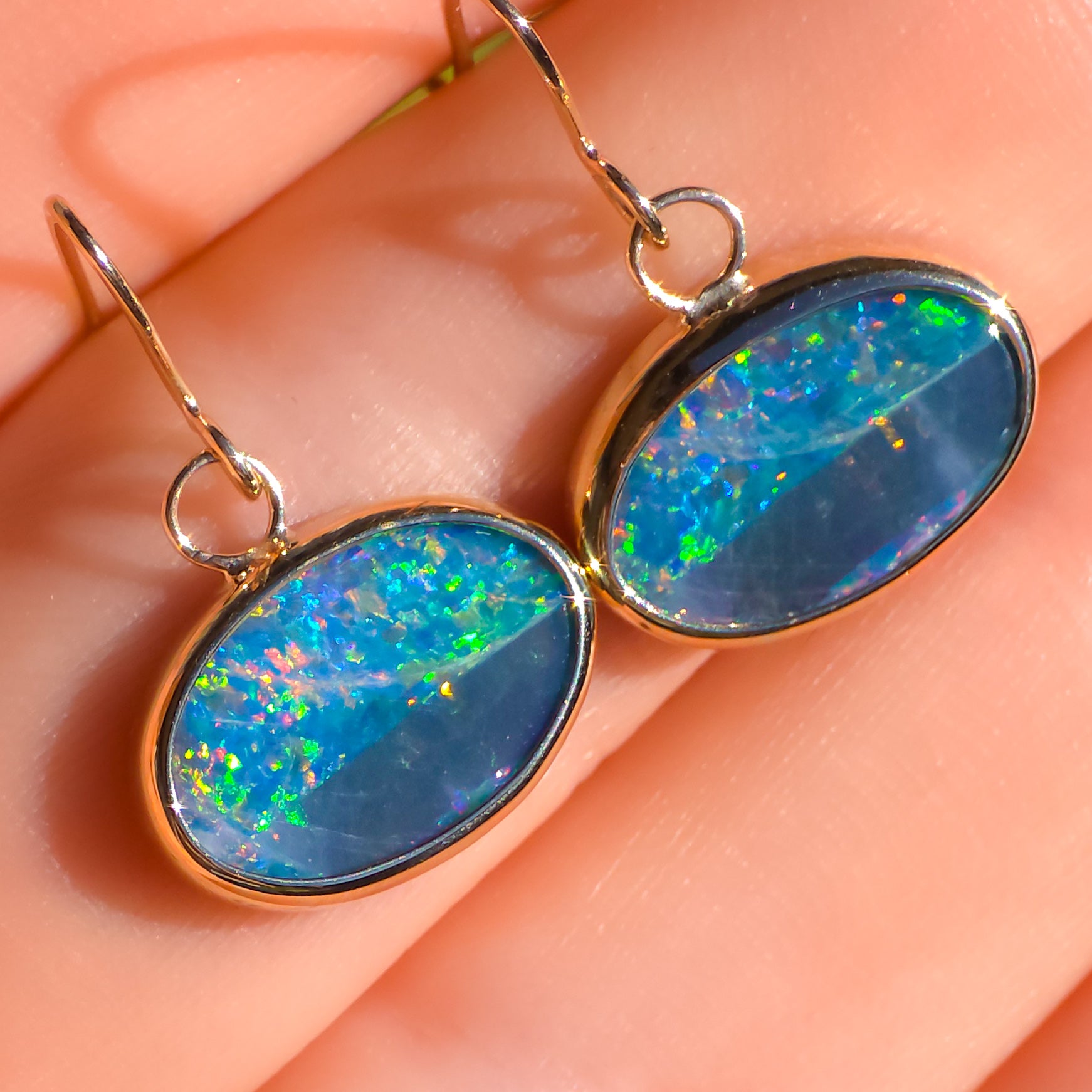 BLOOMS | 14k Gold Australian Opal Doublet Earrings, Shepherd's Hooks, Coober Pedy