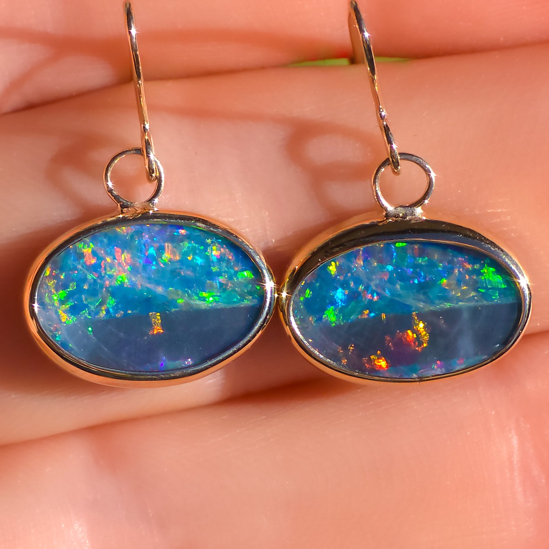 BLOOMS | 14k Gold Australian Opal Doublet Earrings, Shepherd's Hooks, Coober Pedy