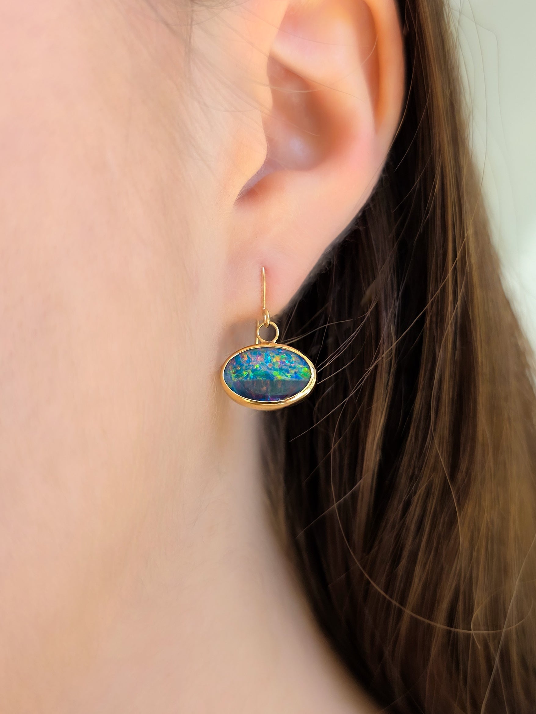 BLOOMS | 14k Gold Australian Opal Doublet Earrings, Shepherd's Hooks, Coober Pedy