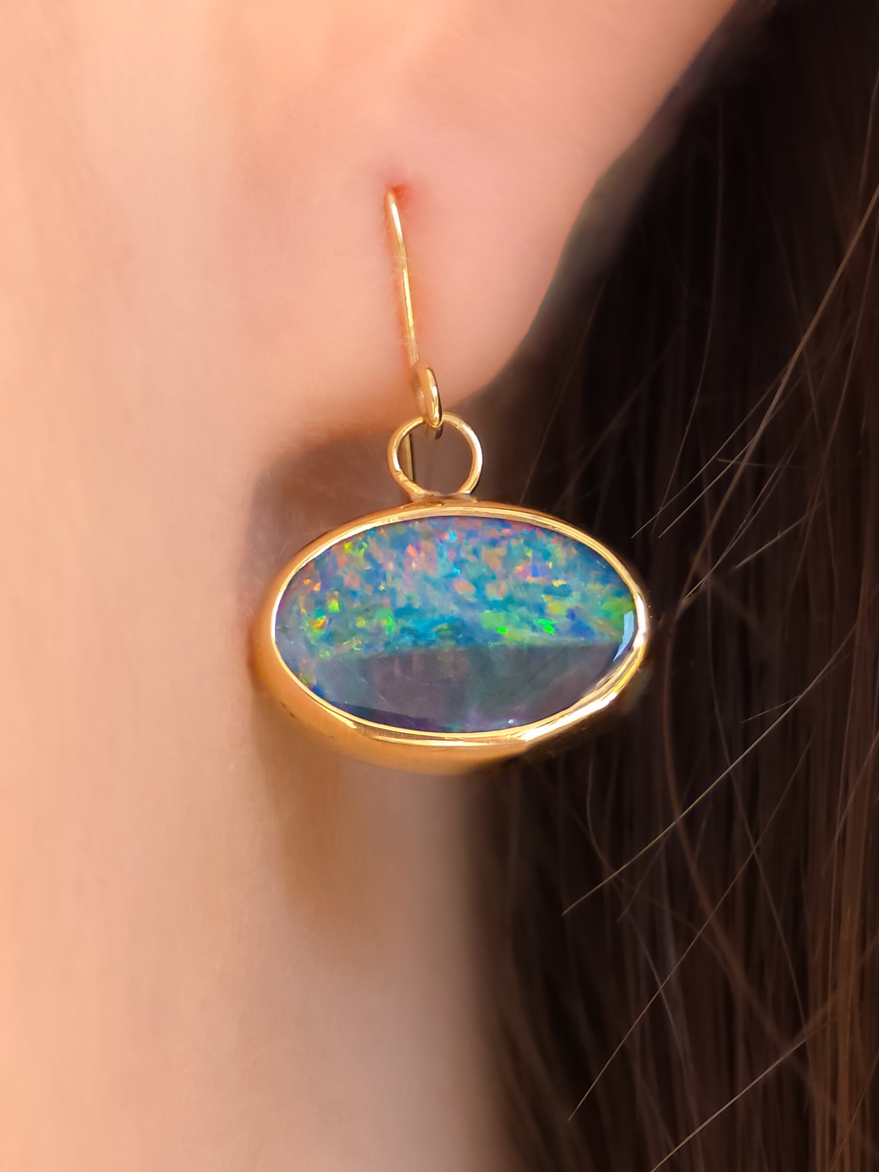 BLOOMS | 14k Gold Australian Opal Doublet Earrings, Shepherd's Hooks, Coober Pedy