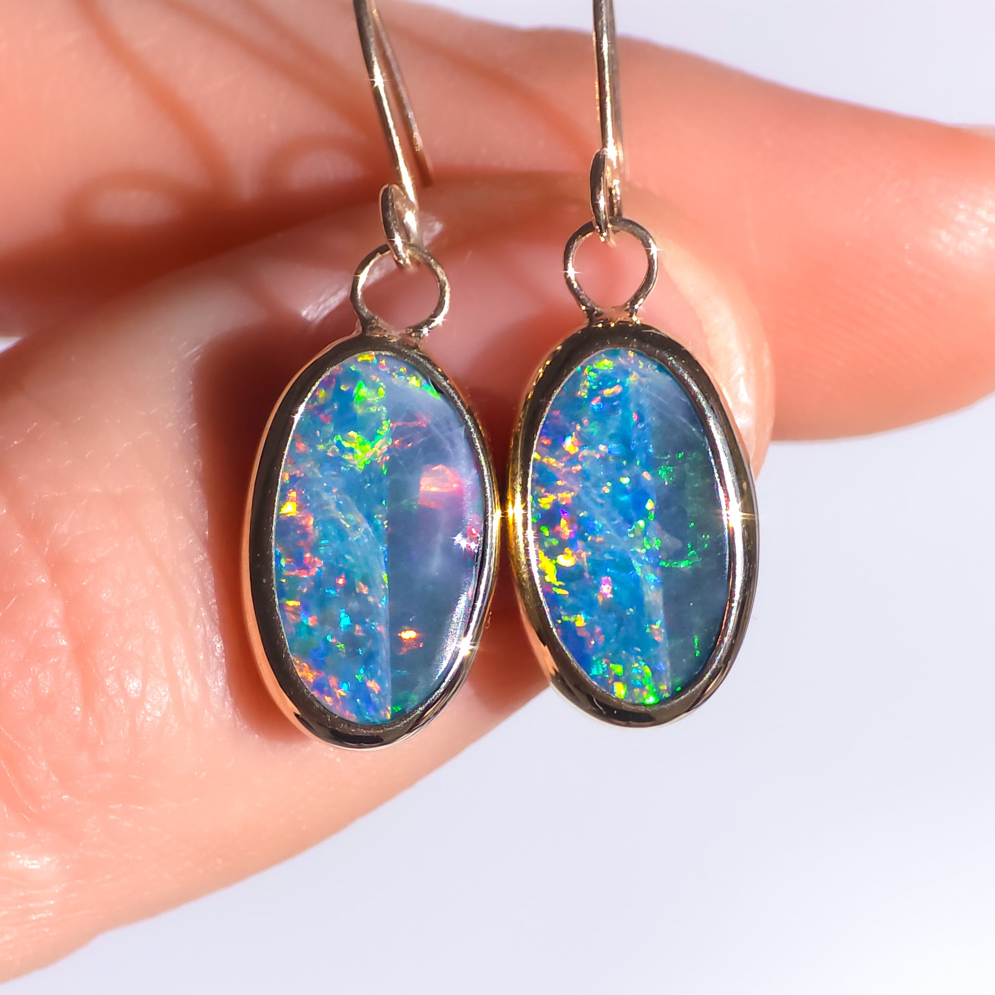 CORAL | 14k Gold Australian Opal Doublet Earrings, Shepherd's Hooks, Coober Pedy