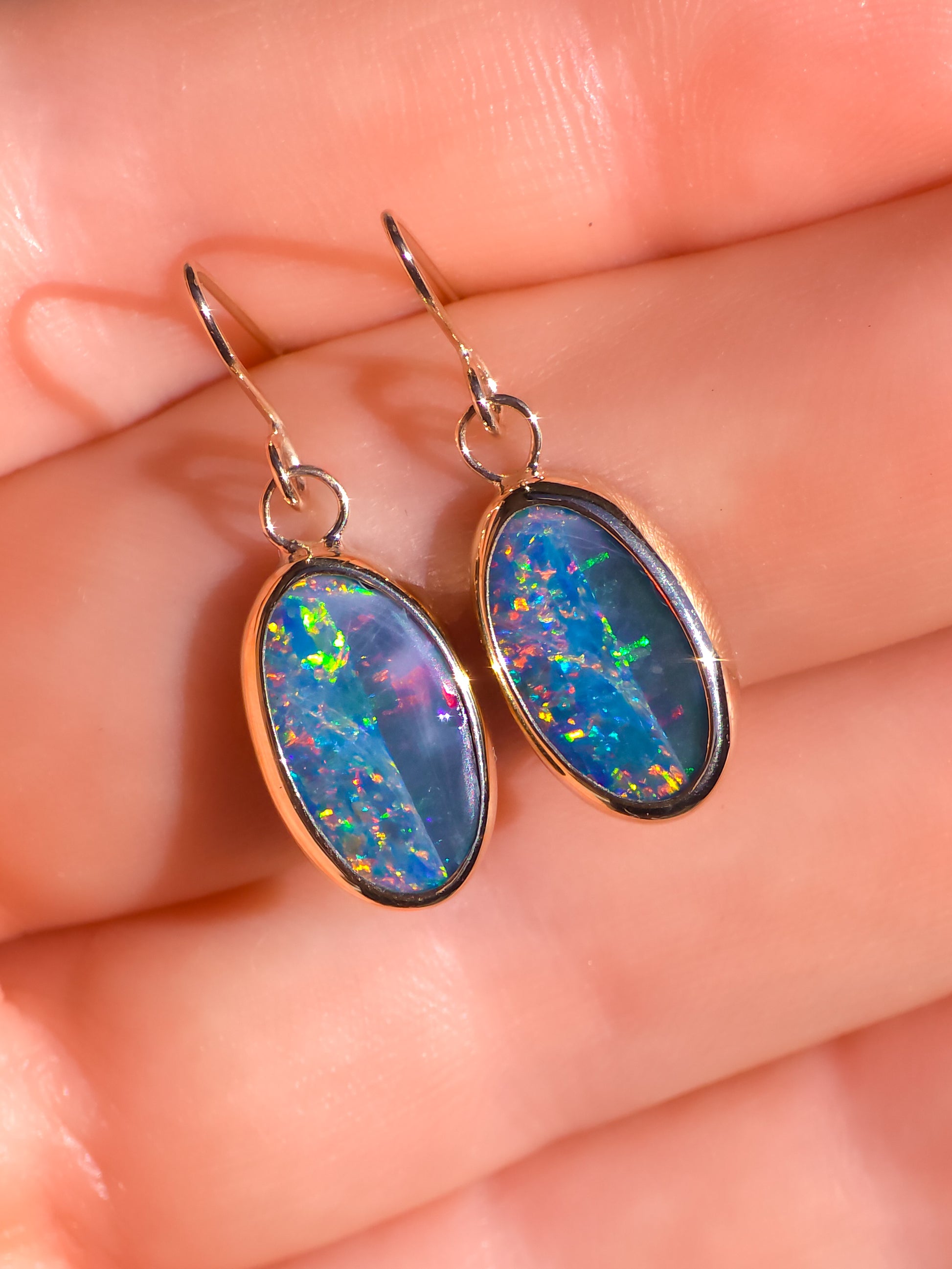 CORAL | 14k Gold Australian Opal Doublet Earrings, Shepherd's Hooks, Coober Pedy