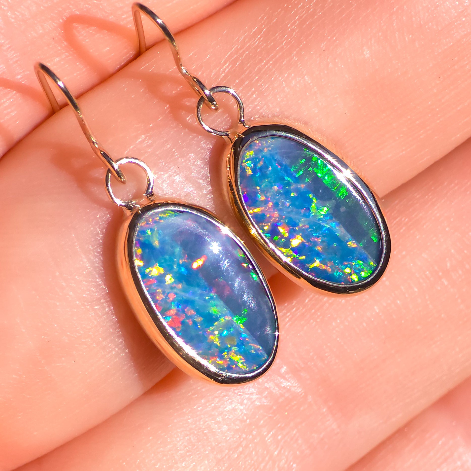CORAL | 14k Gold Australian Opal Doublet Earrings, Shepherd's Hooks, Coober Pedy
