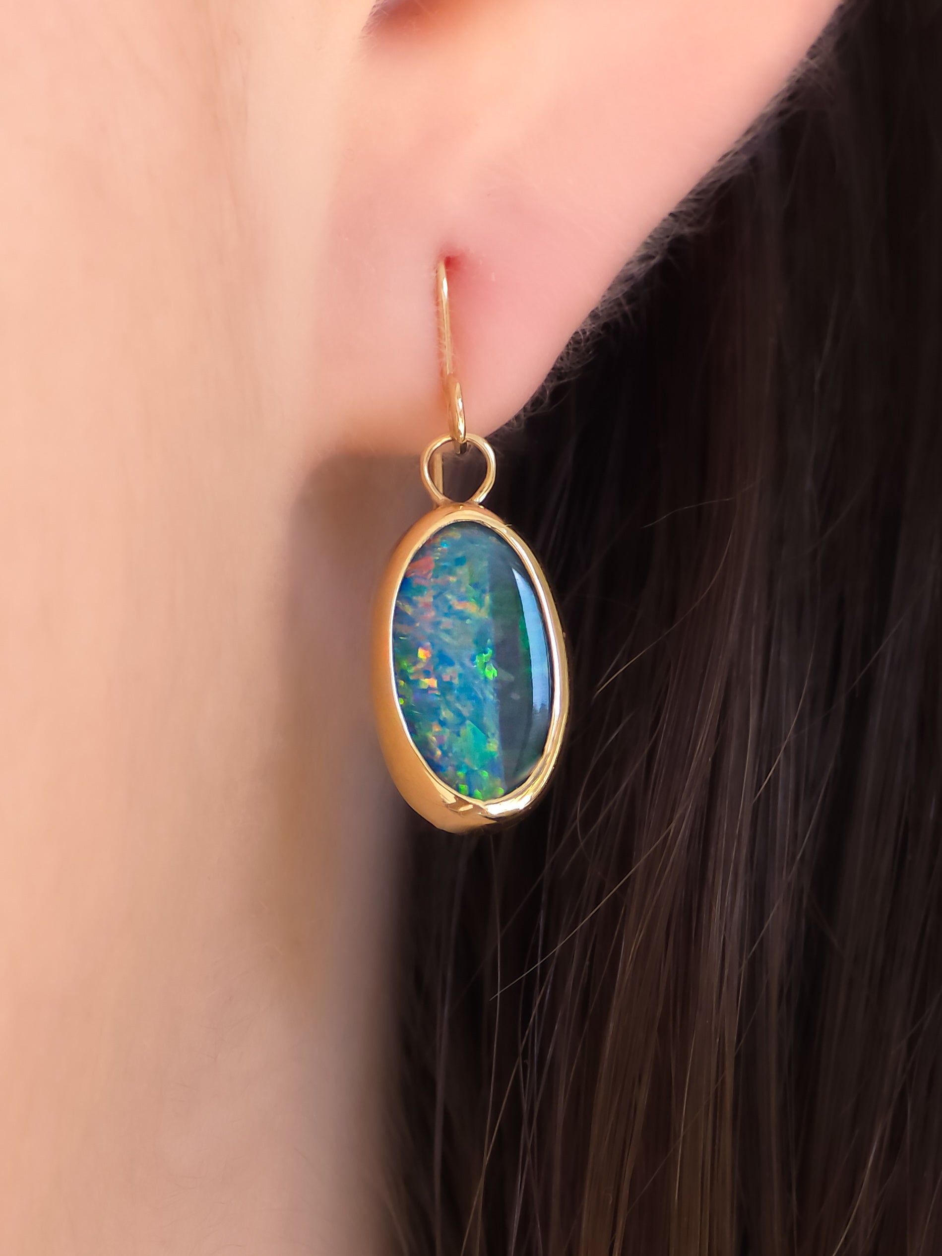 CORAL | 14k Gold Australian Opal Doublet Earrings, Shepherd's Hooks, Coober Pedy