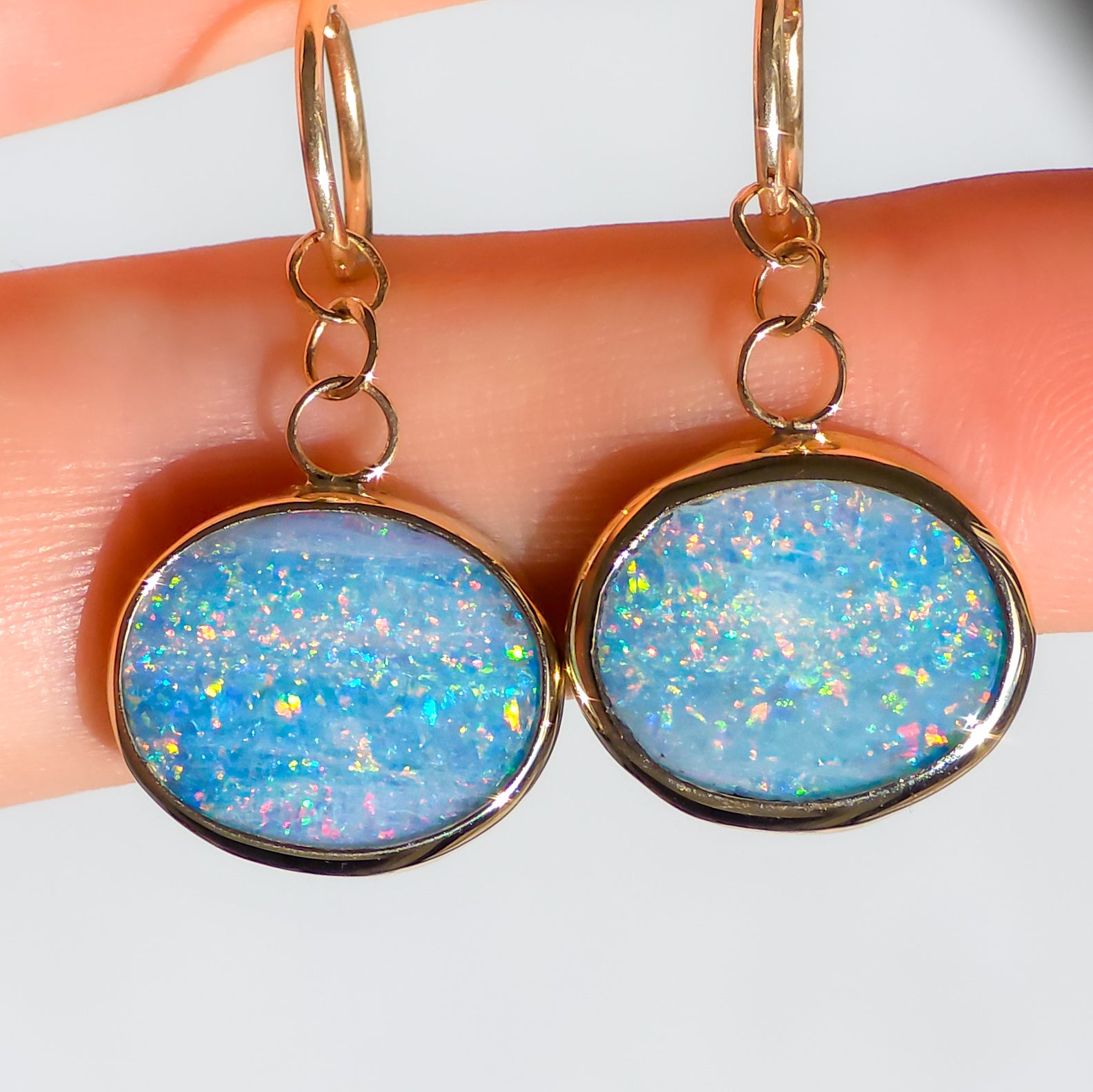 AURELIE | 14K Gold Australian Opal Doublet Earrings, Coober Pedy Dangle Hoops