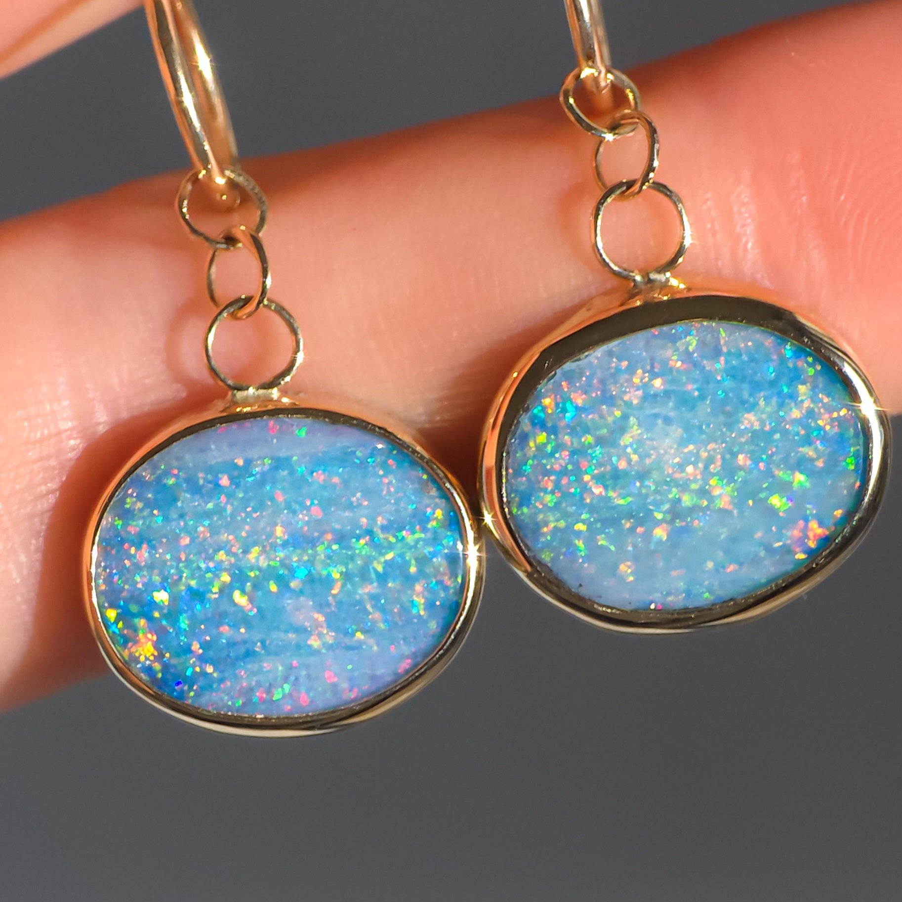 AURELIE | 14K Gold Australian Opal Doublet Earrings, Coober Pedy Dangle Hoops