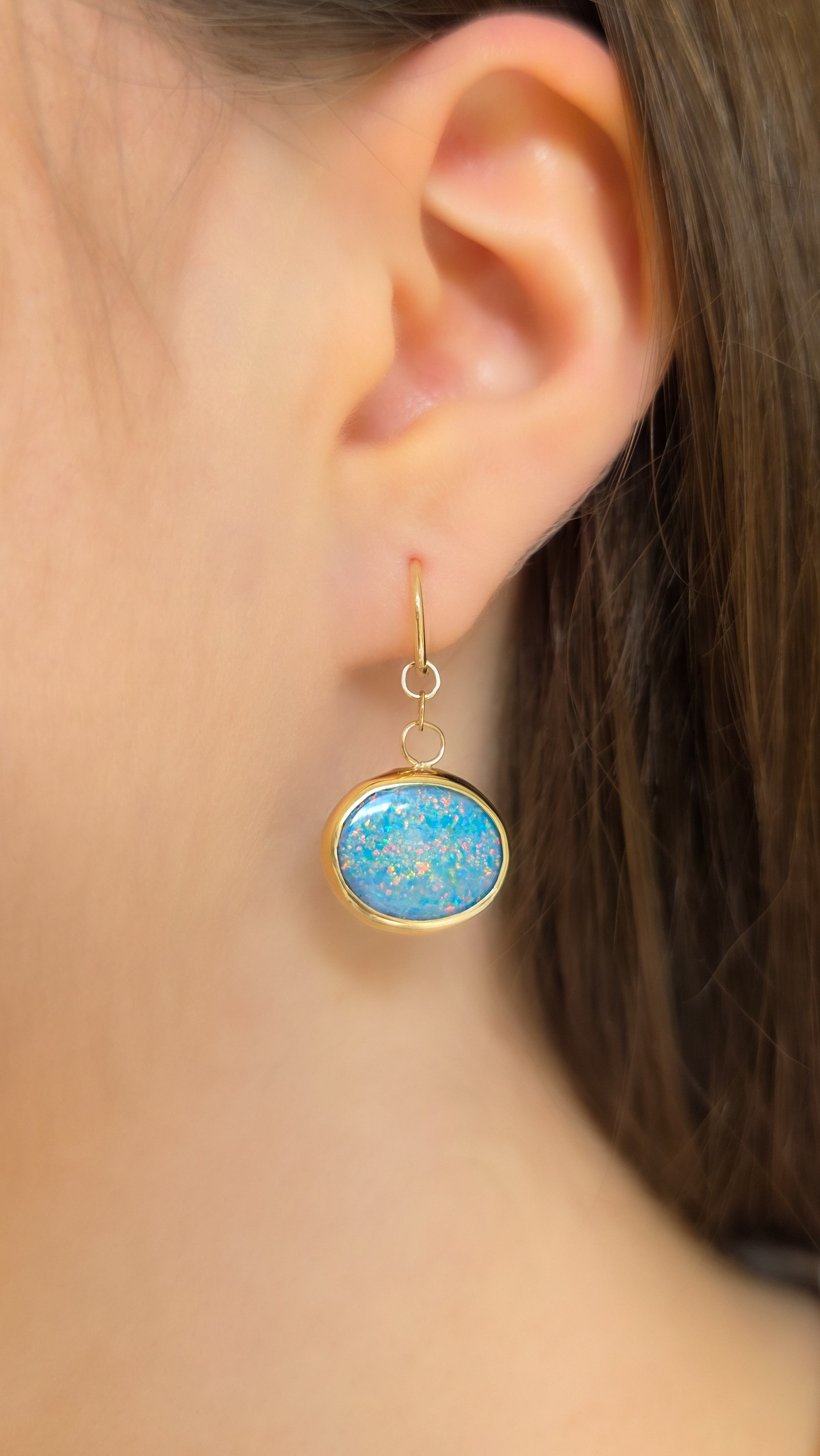 AURELIE | 14K Gold Australian Opal Doublet Earrings, Coober Pedy Dangle Hoops