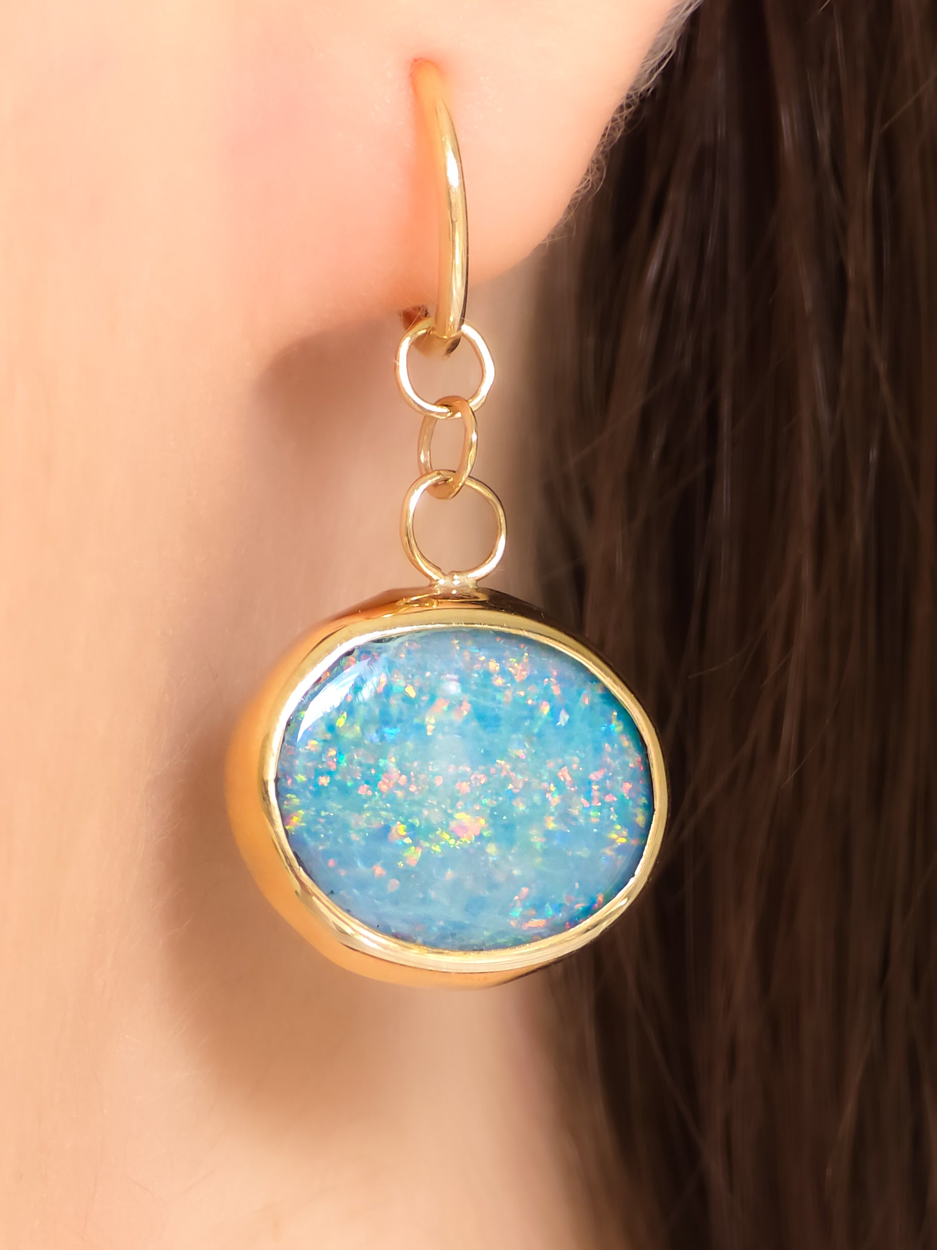 AURELIE | 14K Gold Australian Opal Doublet Earrings, Coober Pedy Dangle Hoops