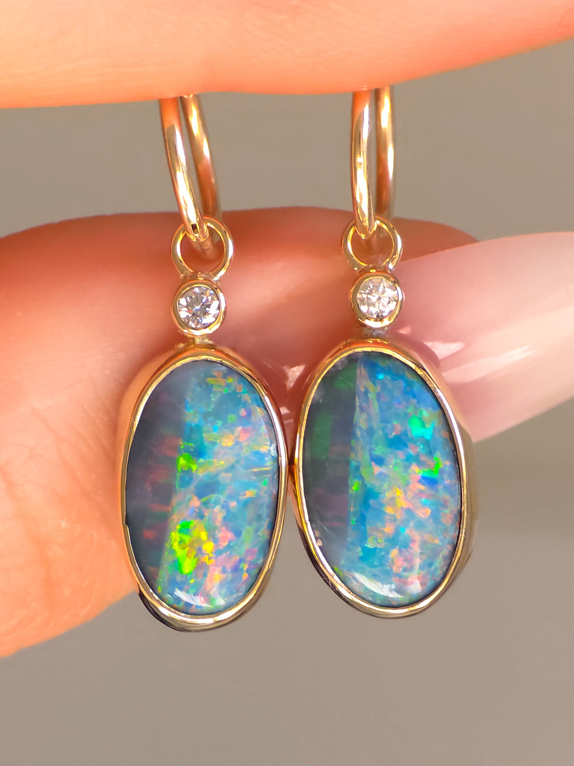 ELDORA | 14K Gold Australian Opal and Diamond Earrings, Coober Pedy Charm Earrings, Solid Hoops