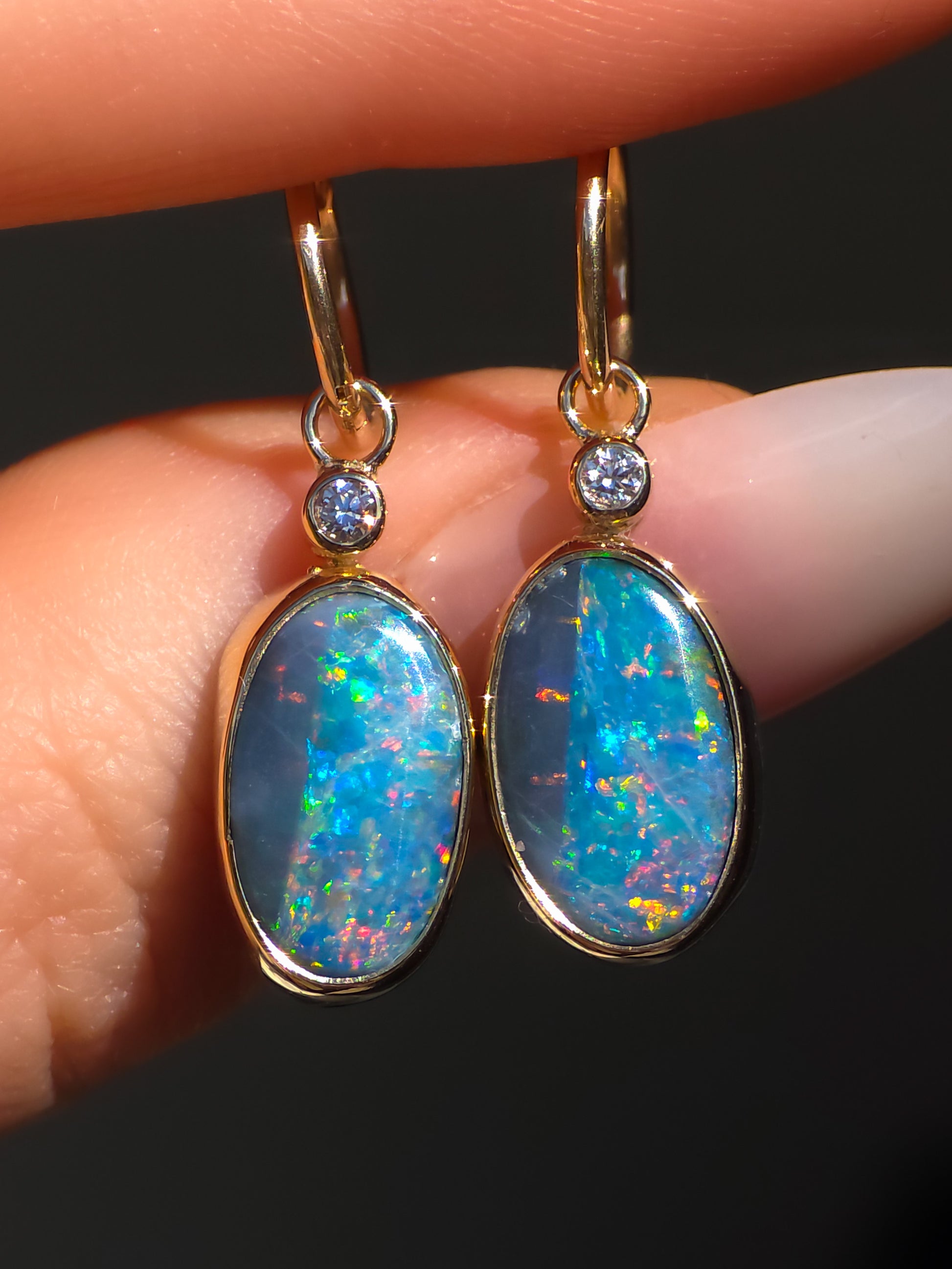 ELDORA | 14K Gold Australian Opal and Diamond Earrings, Coober Pedy Charm Earrings, Solid Hoops