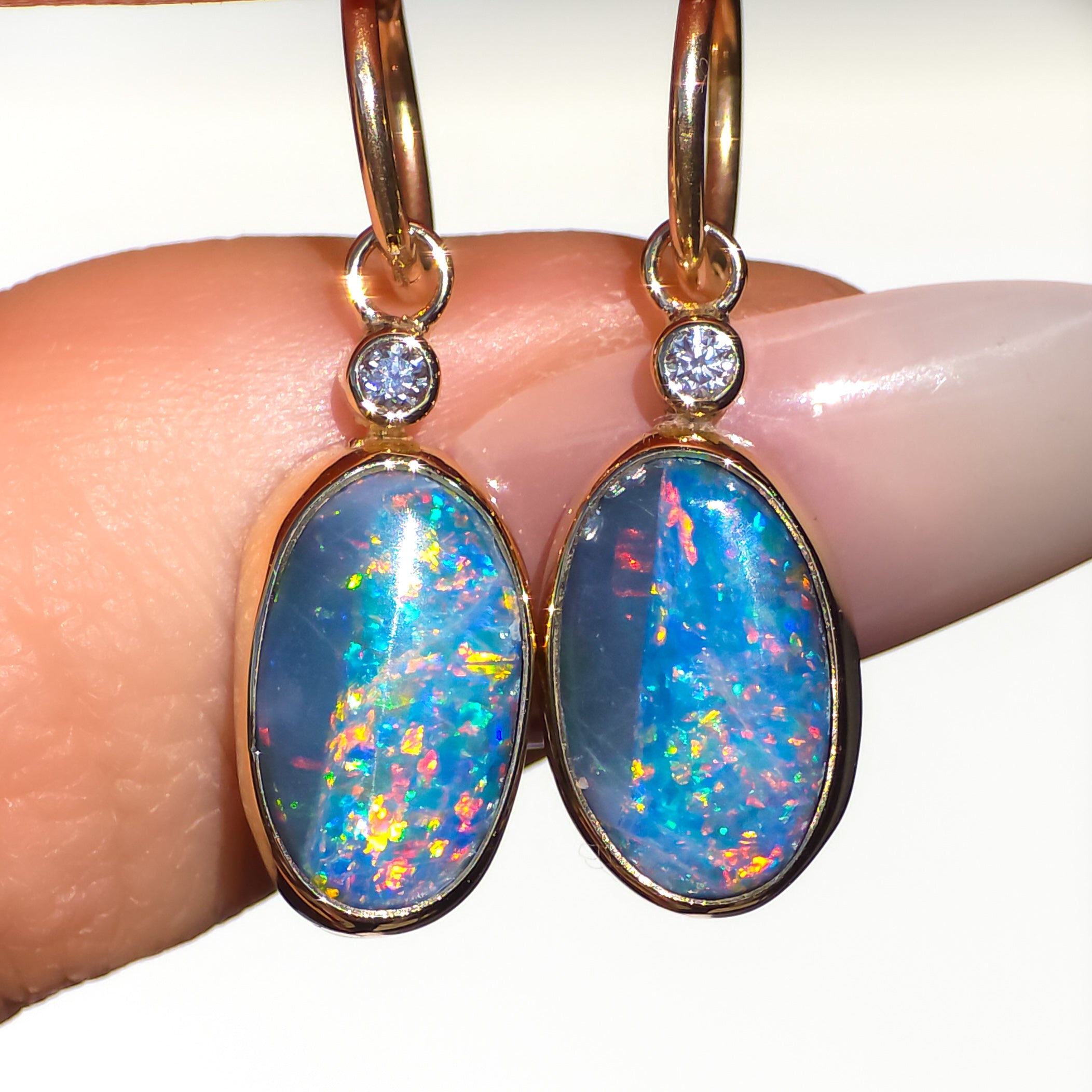 ELDORA | 14K Gold Australian Opal and Diamond Earrings, Coober Pedy Charm Earrings, Solid Hoops