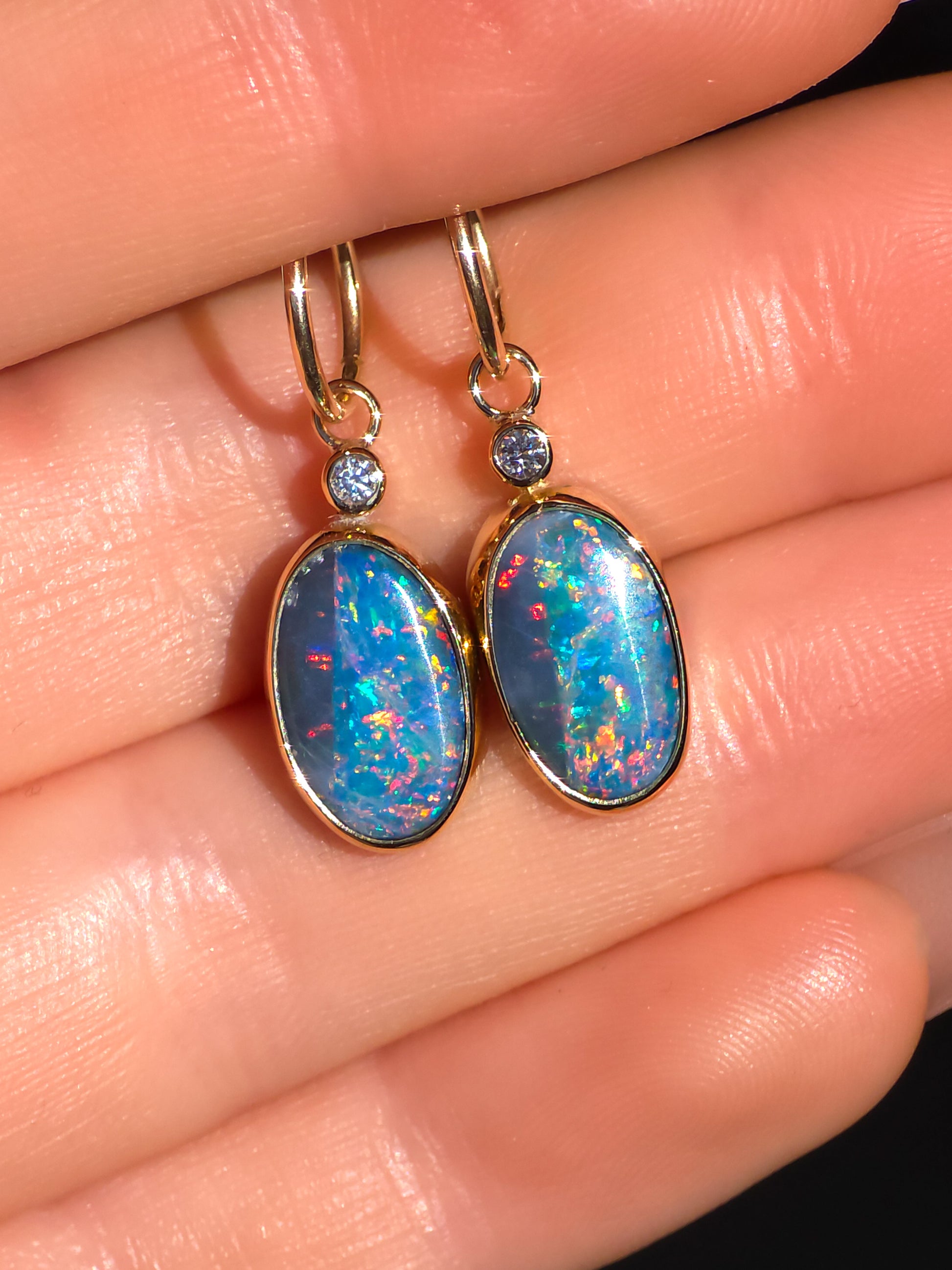 ELDORA | 14K Gold Australian Opal and Diamond Earrings, Coober Pedy Charm Earrings, Solid Hoops